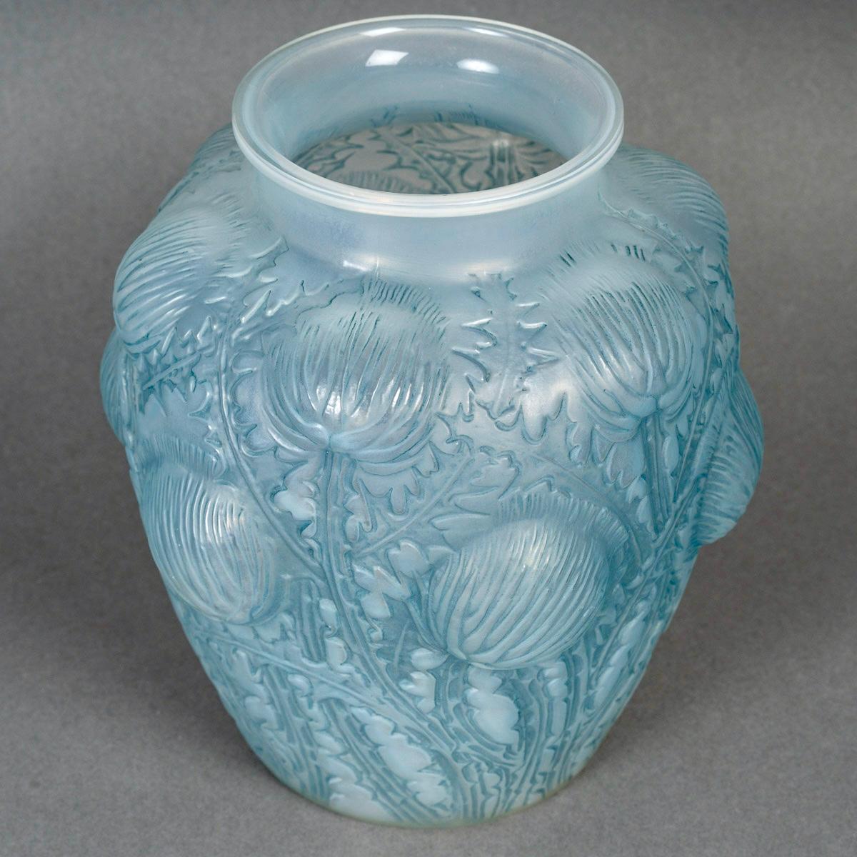 French 1926 Rene Lalique - Vase Domremy Cased Opalescent Glass with Blue Patina
