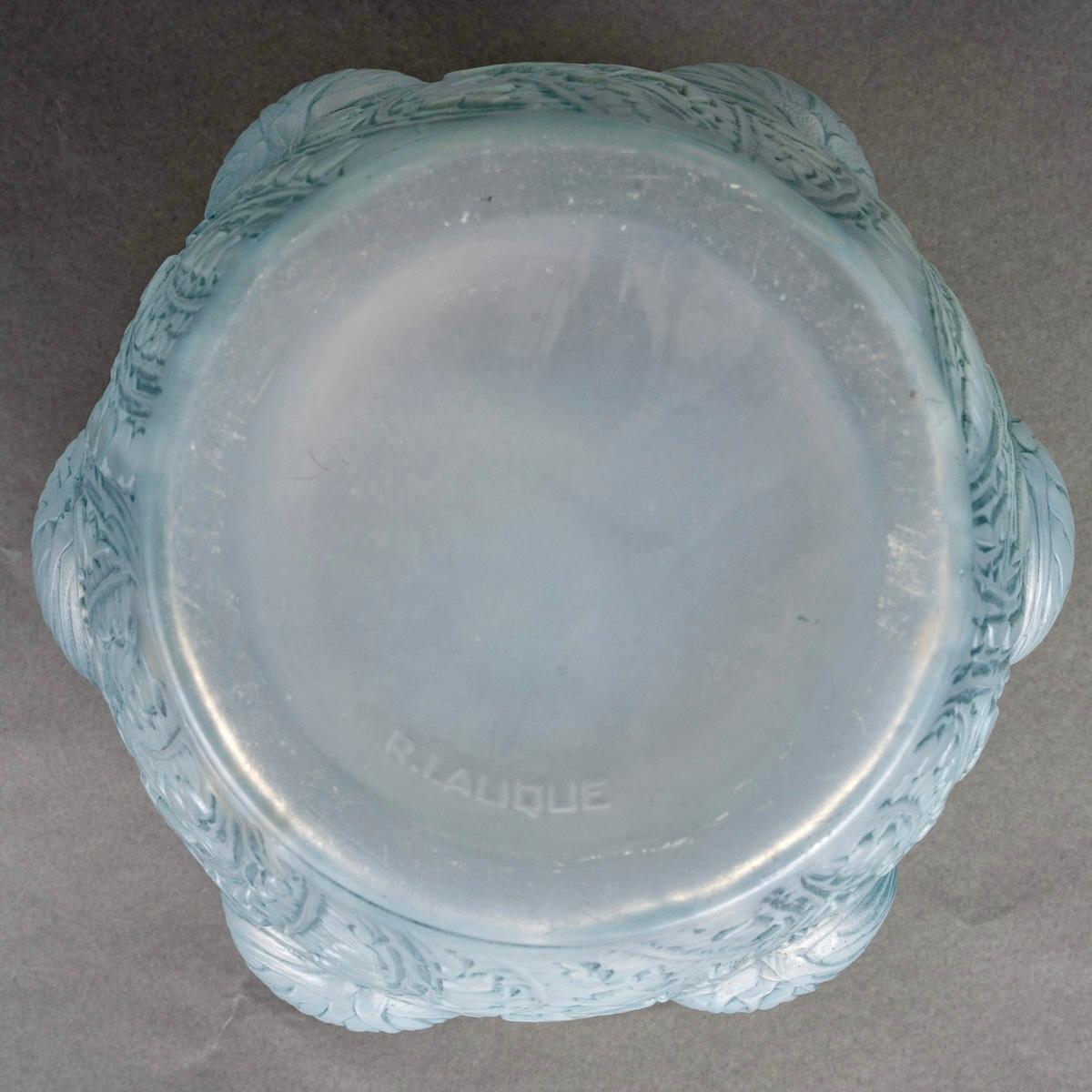 Molded 1926 Rene Lalique - Vase Domremy Cased Opalescent Glass with Blue Patina