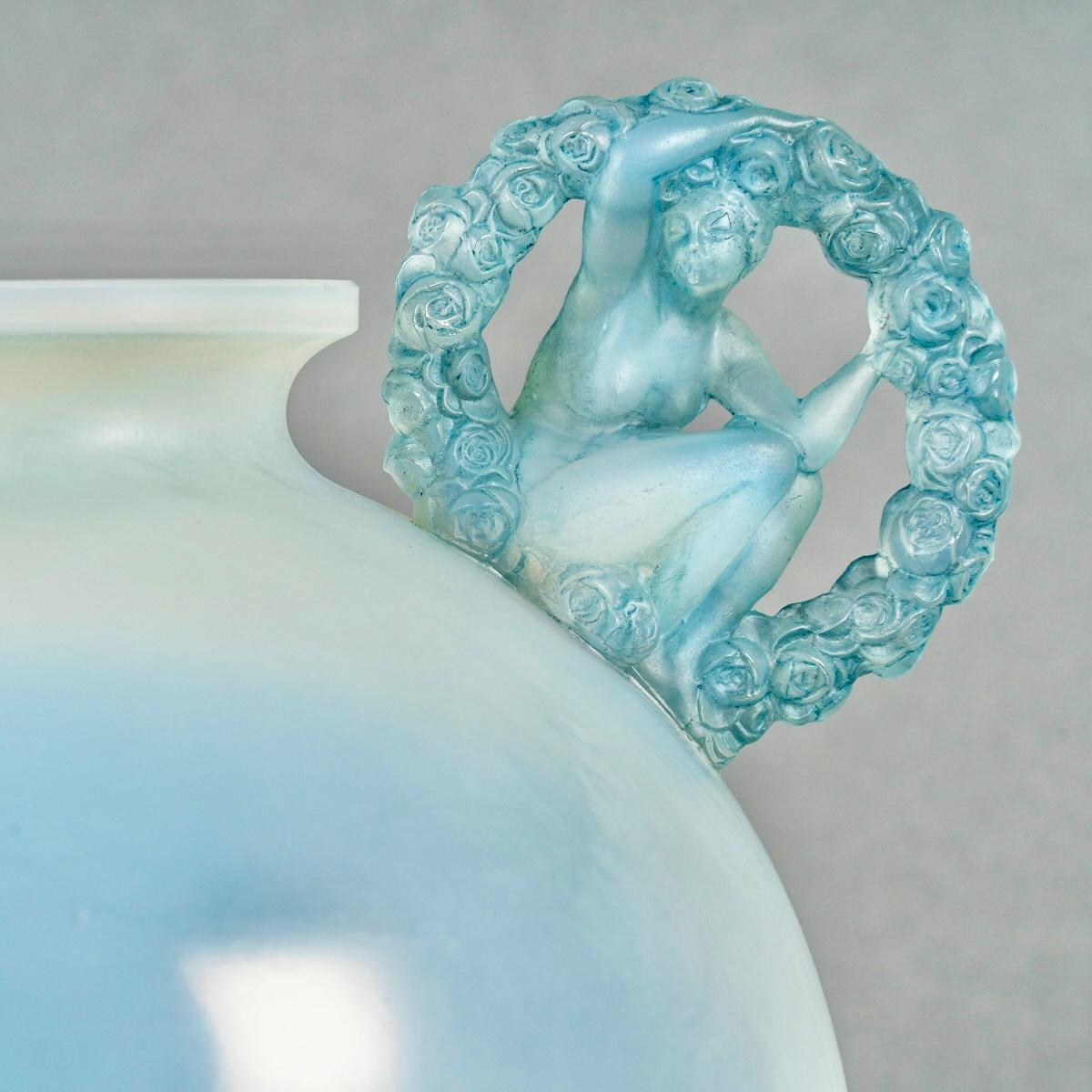 Molded 1926 René Lalique Vase Ronsard Cased Opalescent Glass with Blue Patina For Sale