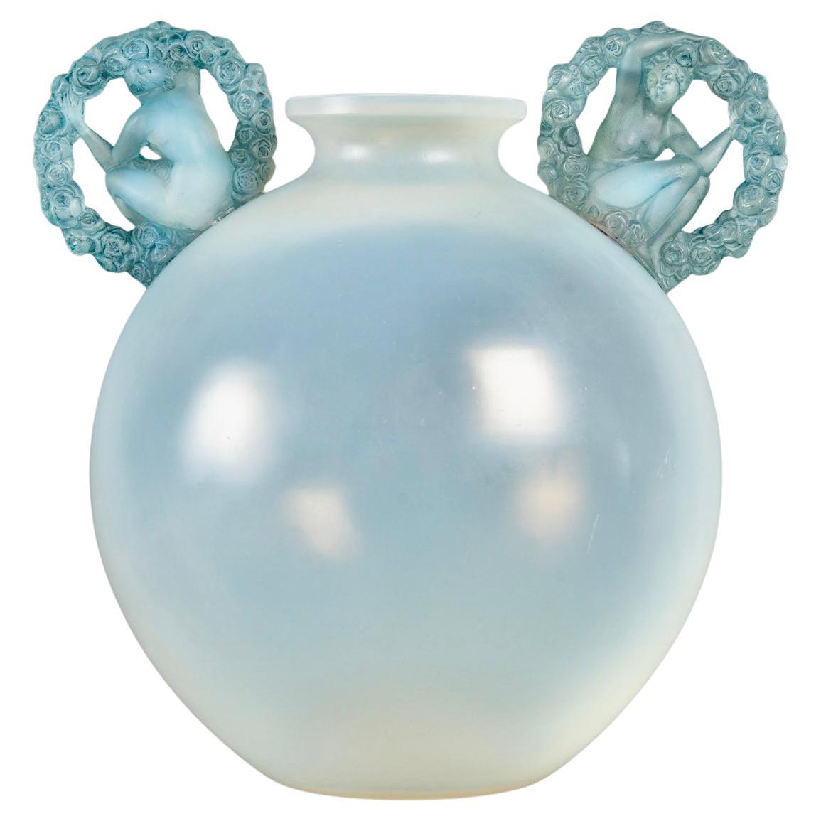 1926 René Lalique Vase Ronsard Cased Opalescent Glass with Blue Patina For Sale