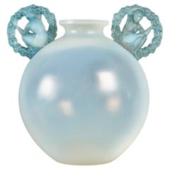 Antique 1926 René Lalique Vase Ronsard Cased Opalescent Glass with Blue Patina