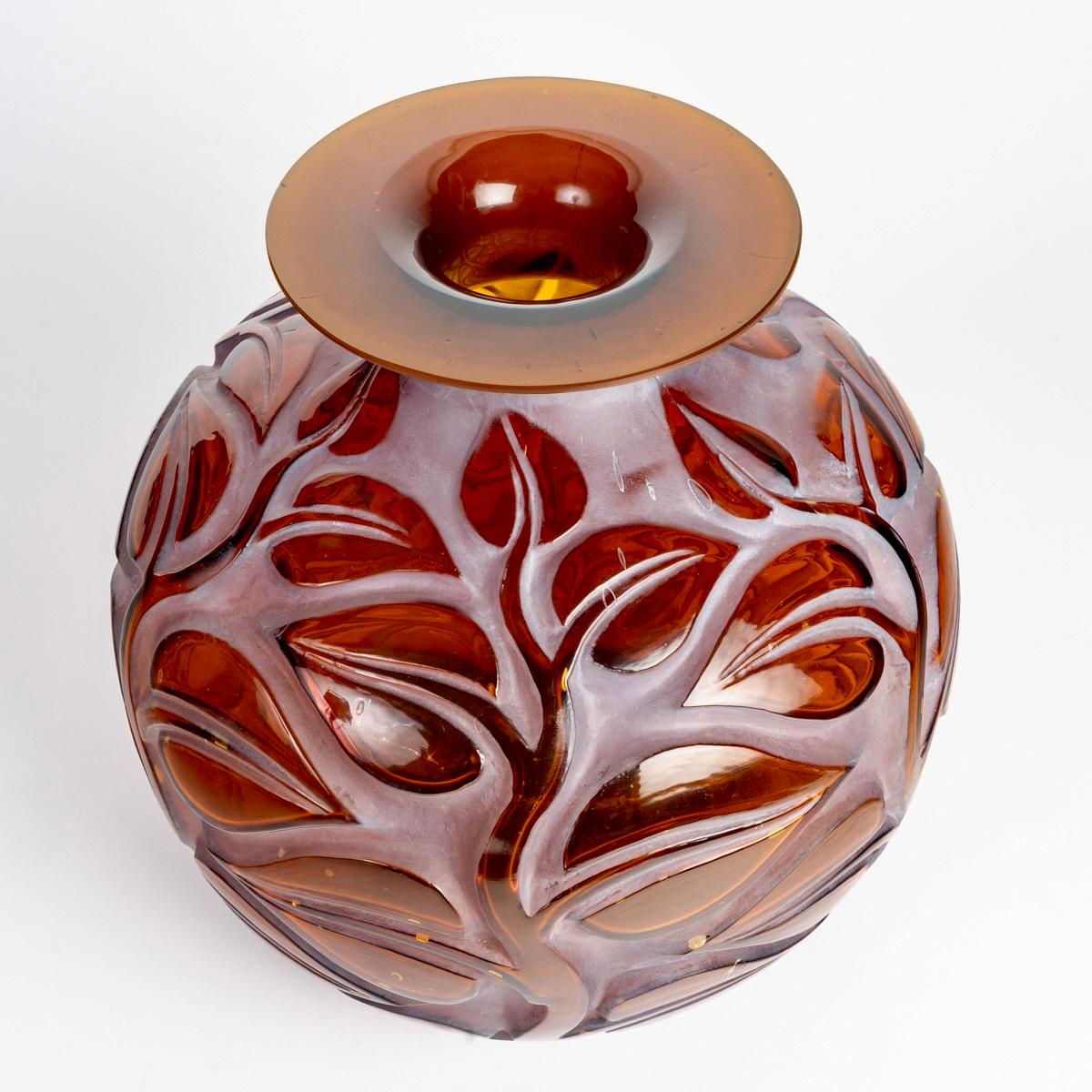 French 1926 Rene Lalique - Vase Sophora Red Amber Glass with White Patina
