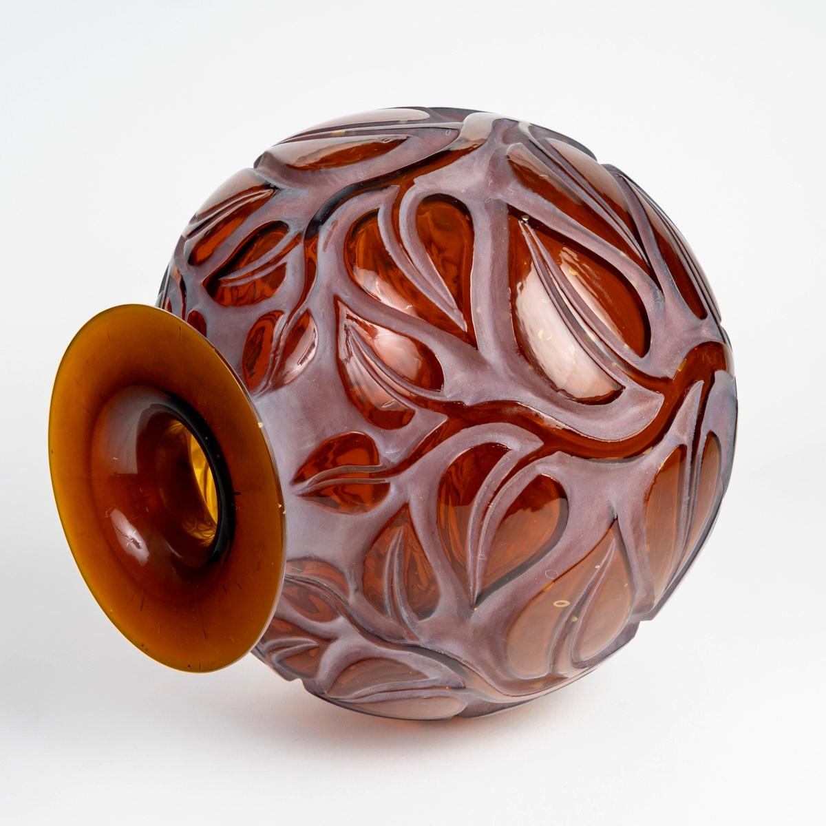 Molded 1926 Rene Lalique - Vase Sophora Red Amber Glass with White Patina