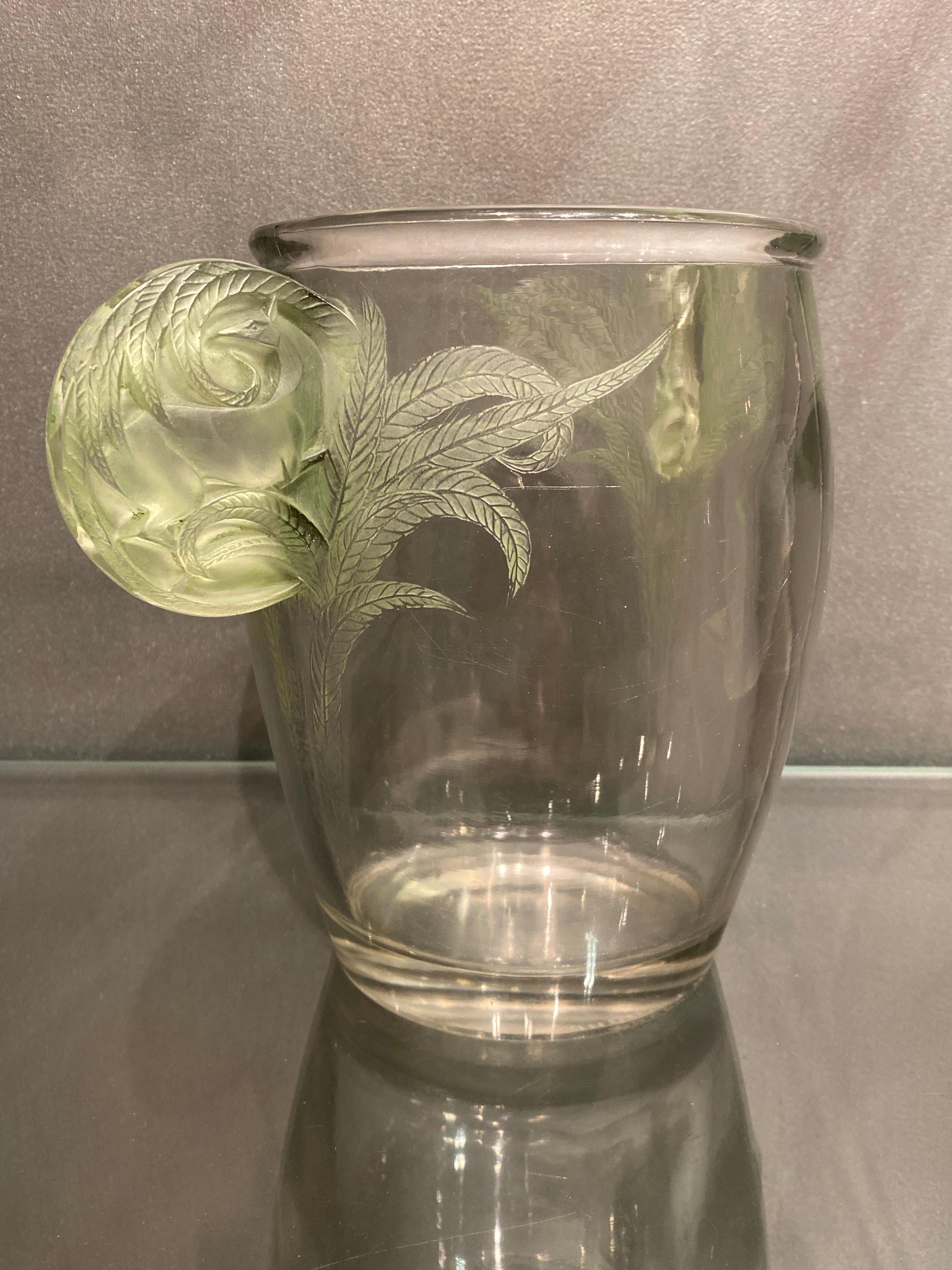 Art Deco 1926 René Lalique Yvelines Vase in Clear Glass and Green Stained Glass