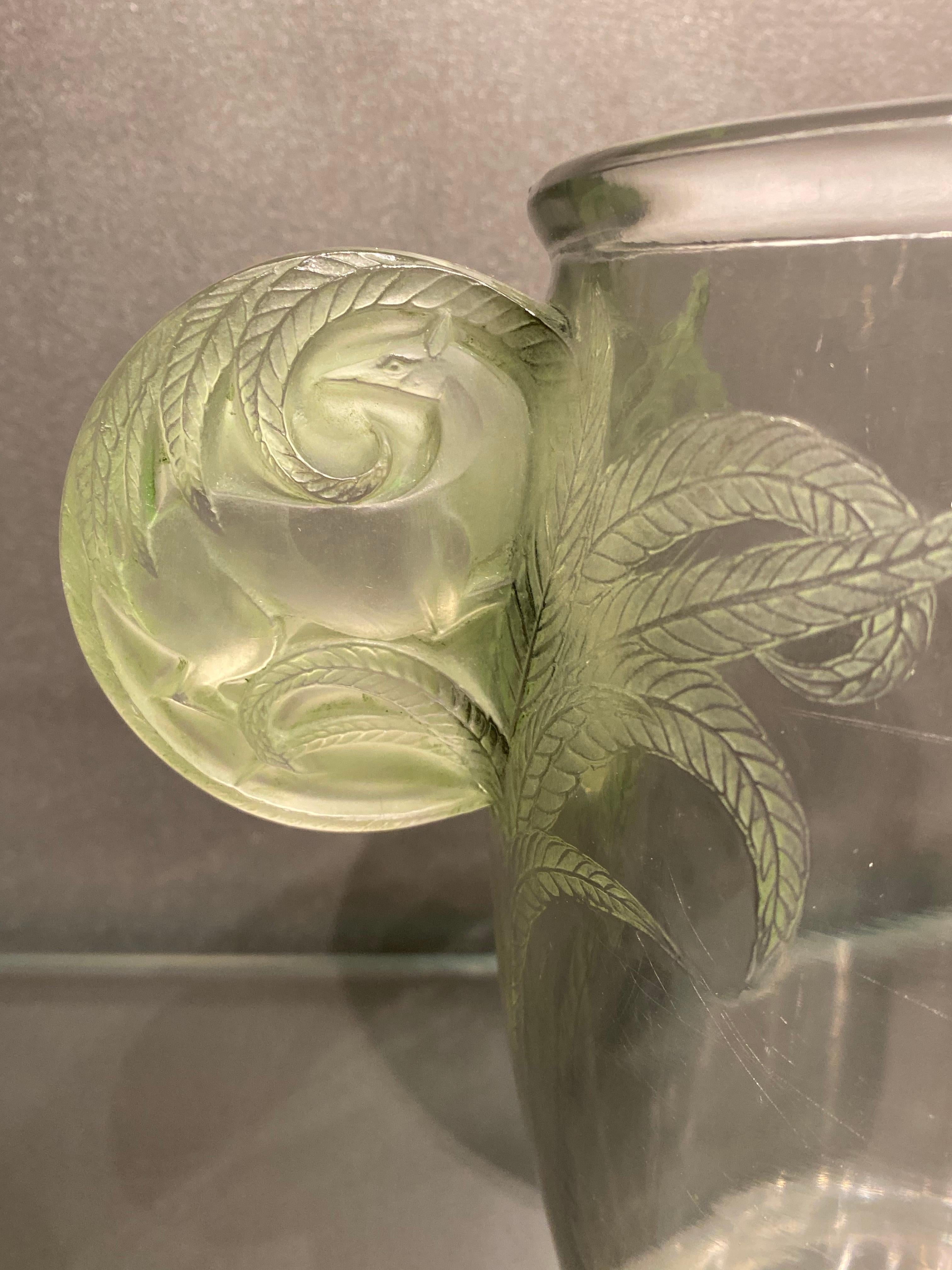 French 1926 René Lalique Yvelines Vase in Clear Glass and Green Stained Glass