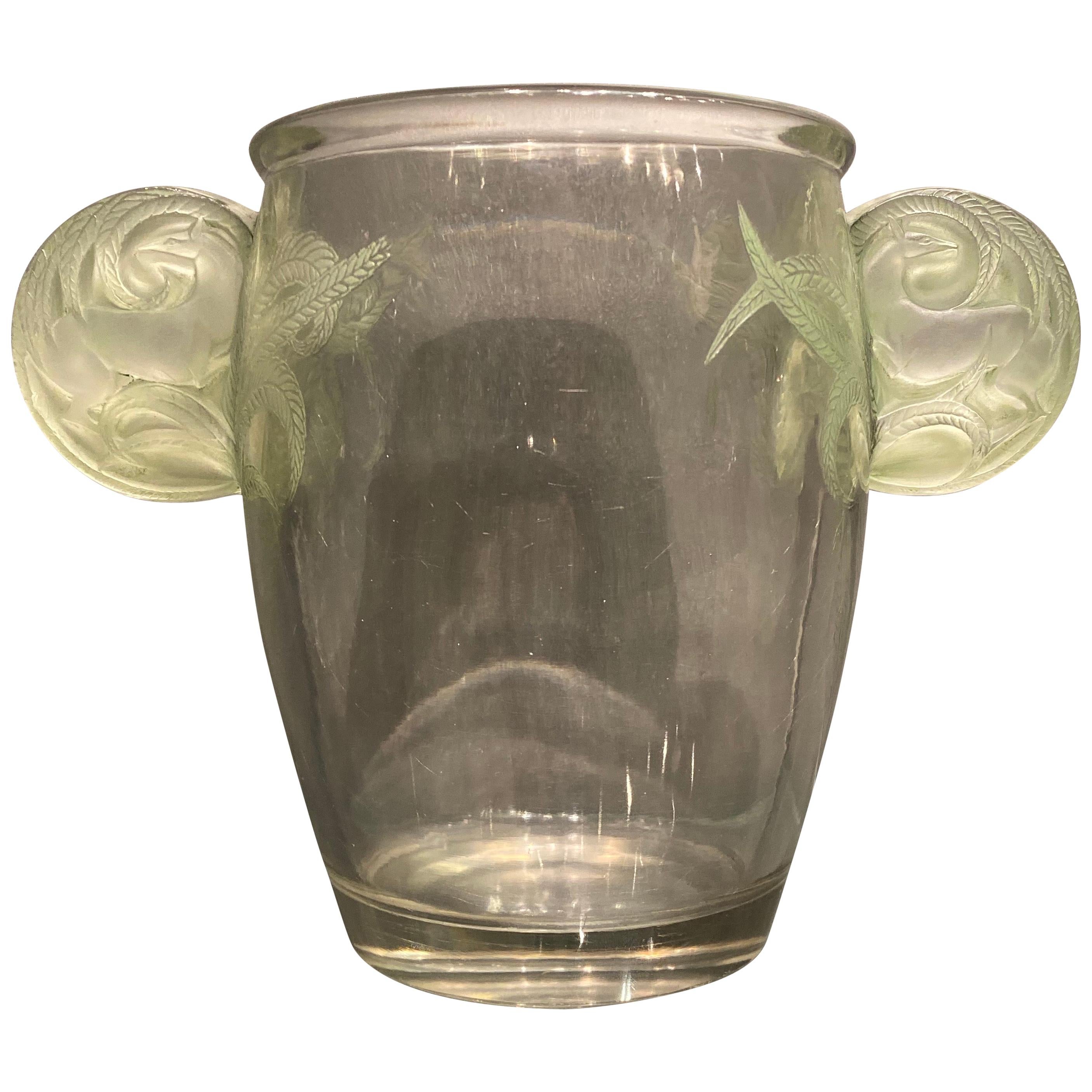 1926 René Lalique Yvelines Vase in Clear Glass and Green Stained Glass