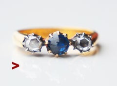 1926 Ring 3 stones natural 0.8ct Sapphire 0.5ctw Diamonds 23K Gold ØUS 7.25/ 6gr