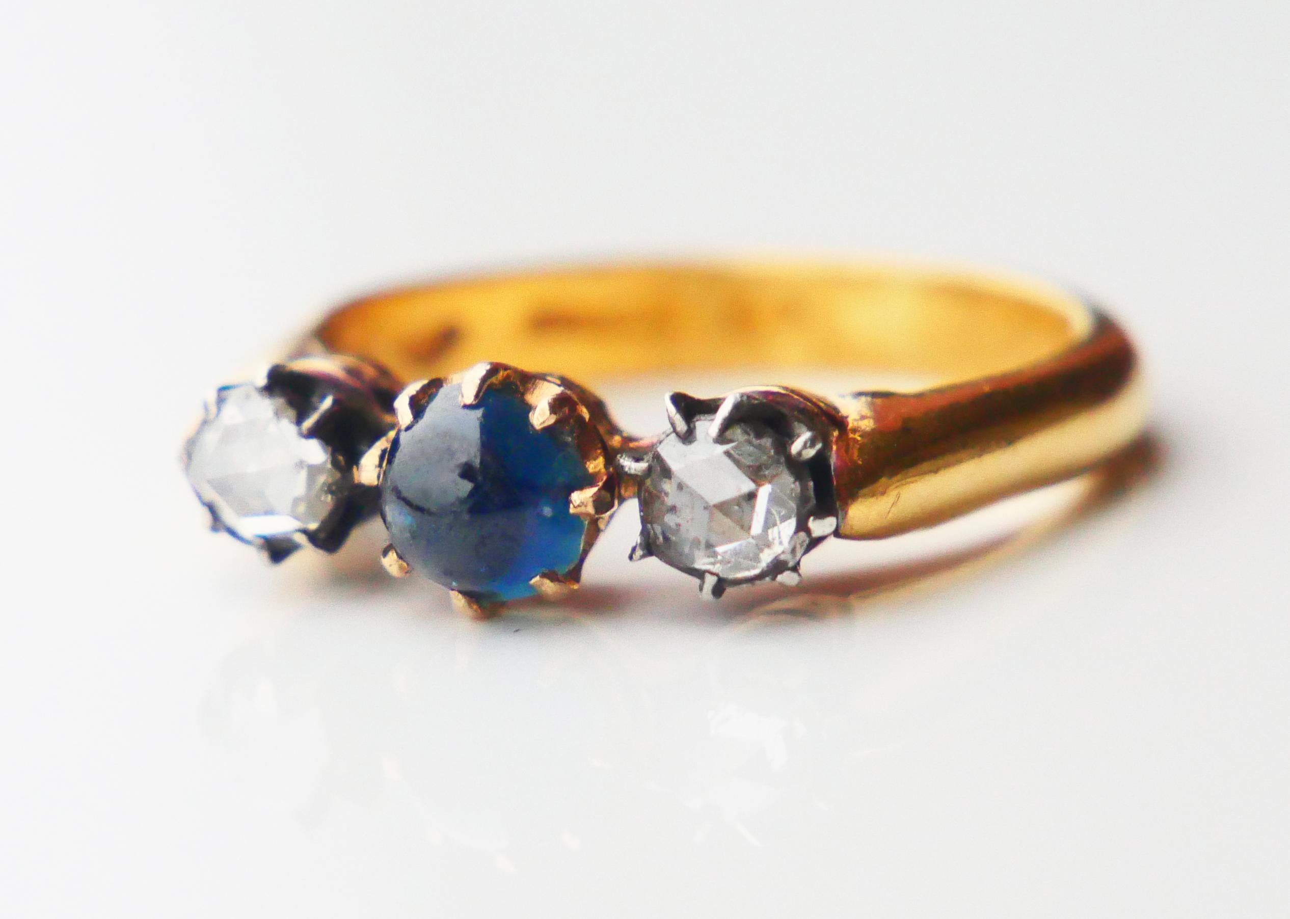 Art Deco 1926 Ring 3 stones natural 0.8ct Sapphire 0.5ctw Diamonds 23K Gold ØUS 7.25/ 6gr For Sale