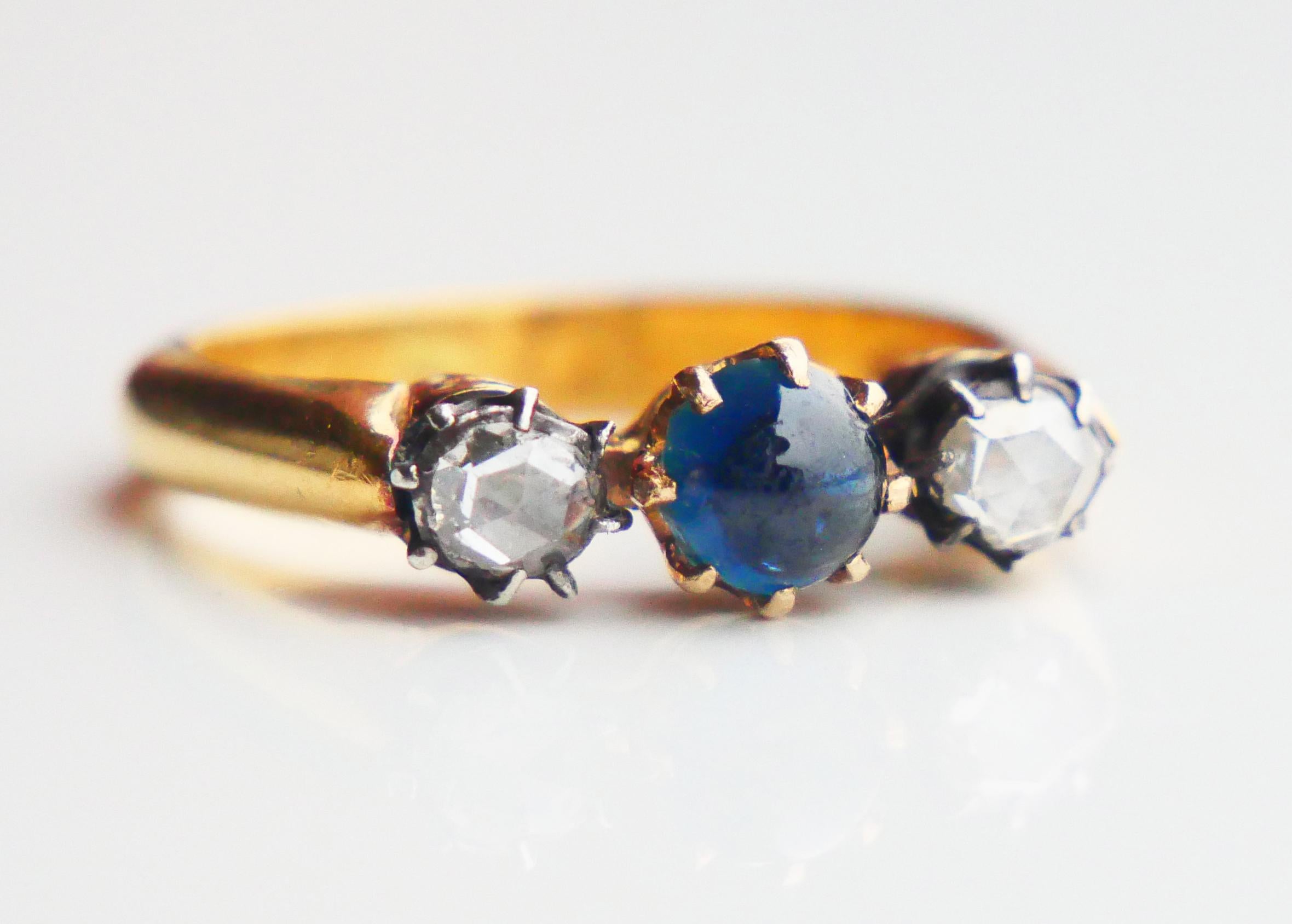 Cabochon 1926 Ring 3 stones natural 0.8ct Sapphire 0.5ctw Diamonds 23K Gold ØUS 7.25/ 6gr For Sale