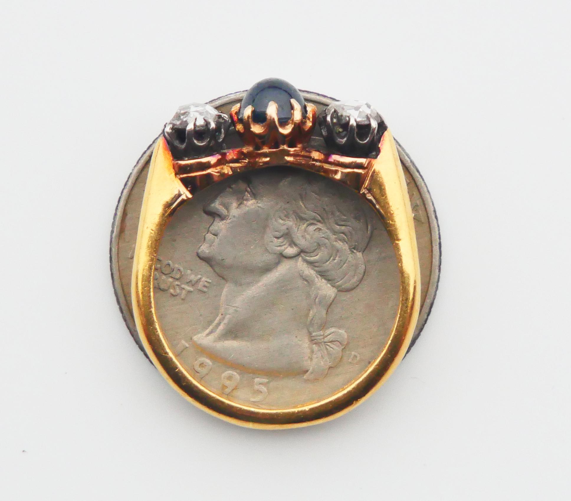 Women's 1926 Ring 3 stones natural 0.8ct Sapphire 0.5ctw Diamonds 23K Gold ØUS 7.25/ 6gr For Sale