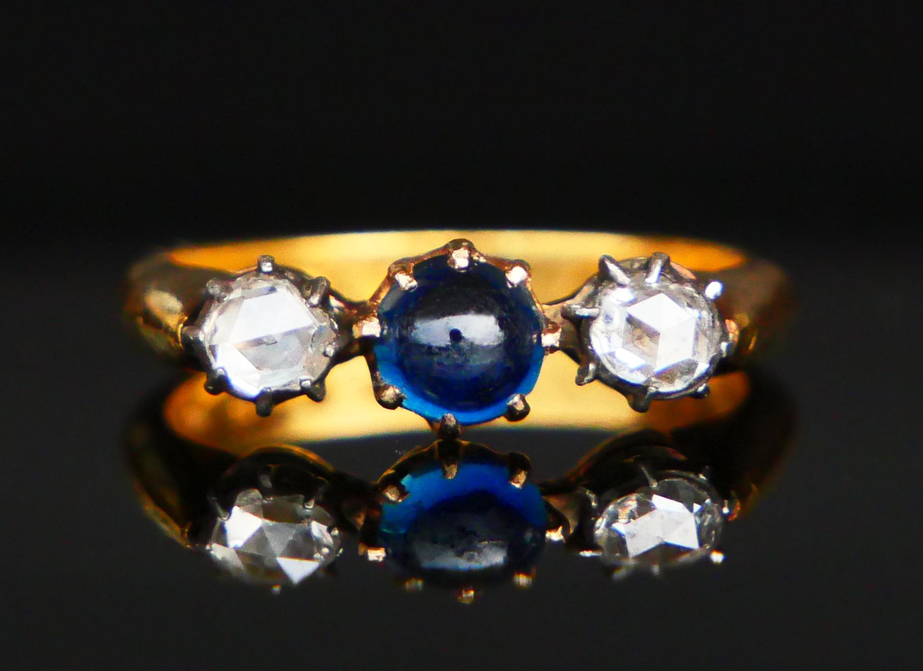 1926 Ring 3 stones natural 0.8ct Sapphire 0.5ctw Diamonds 23K Gold ØUS 7.25/ 6gr For Sale 5