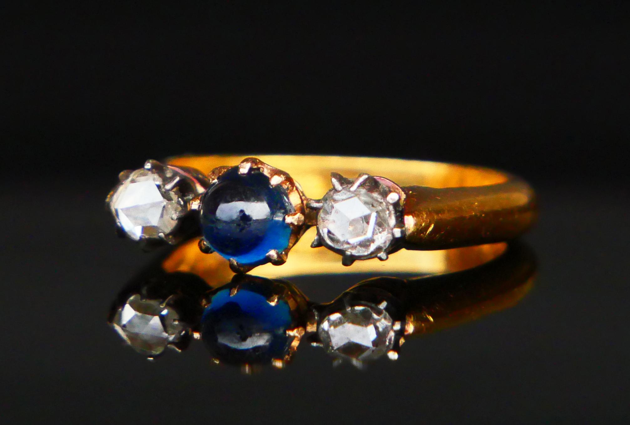 1926 Ring 3 stones natural 0.8ct Sapphire 0.5ctw Diamonds 23K Gold ØUS 7.25/ 6gr For Sale 6
