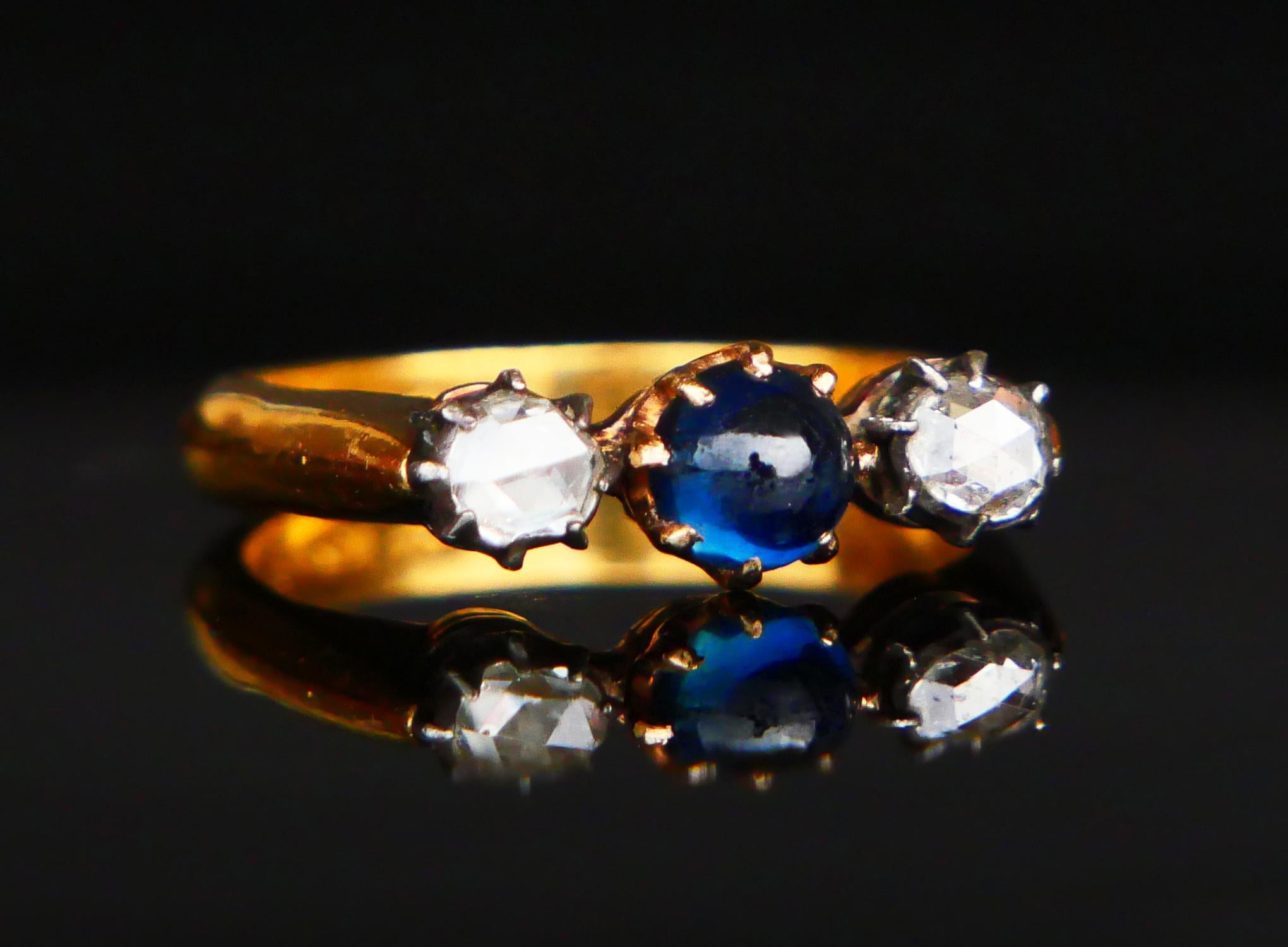1926 Ring 3 stones natural 0.8ct Sapphire 0.5ctw Diamonds 23K Gold ØUS 7.25/ 6gr For Sale 7