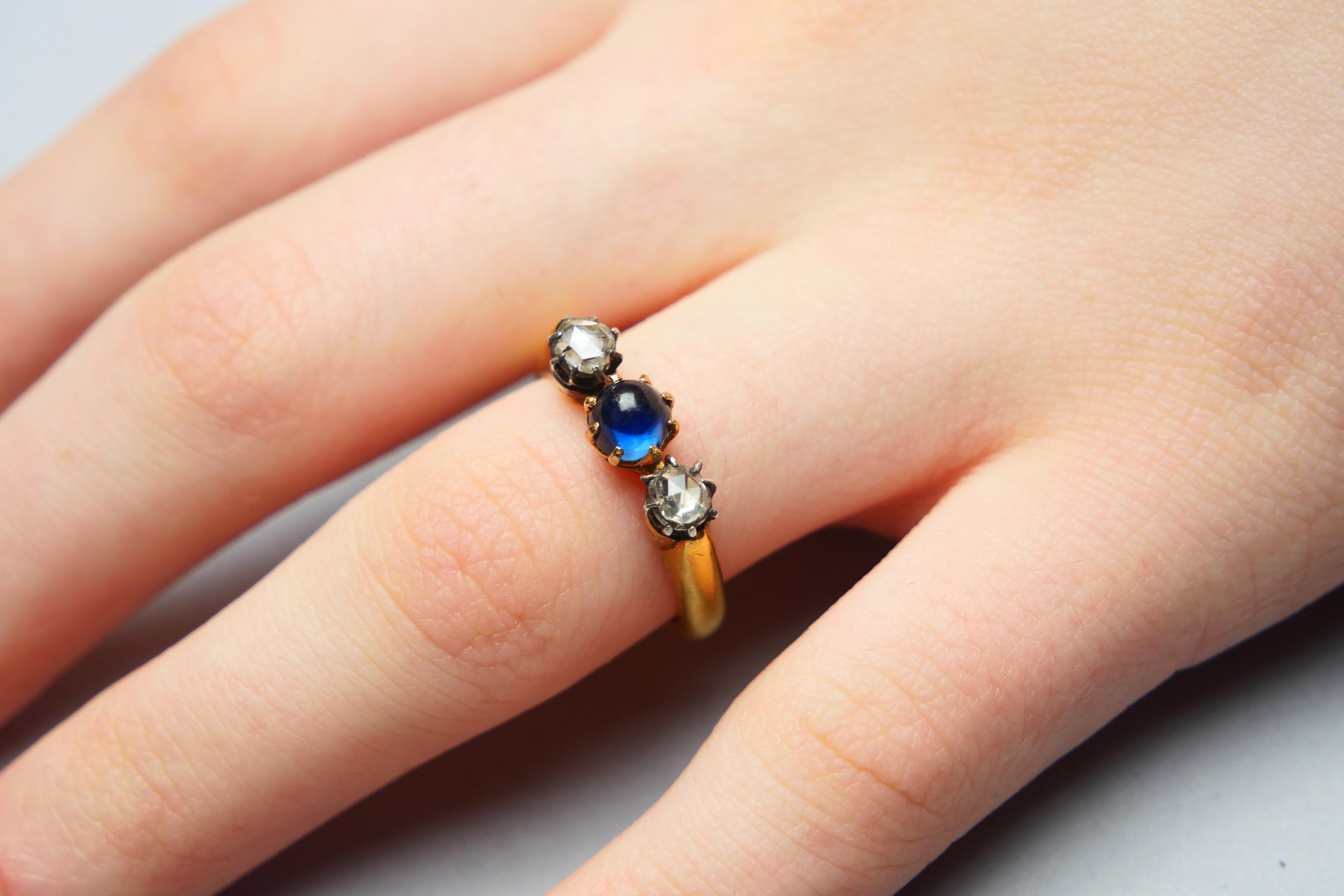 1926 Ring 3 stones natural 0.8ct Sapphire 0.5ctw Diamonds 23K Gold ØUS 7.25/ 6gr For Sale 2