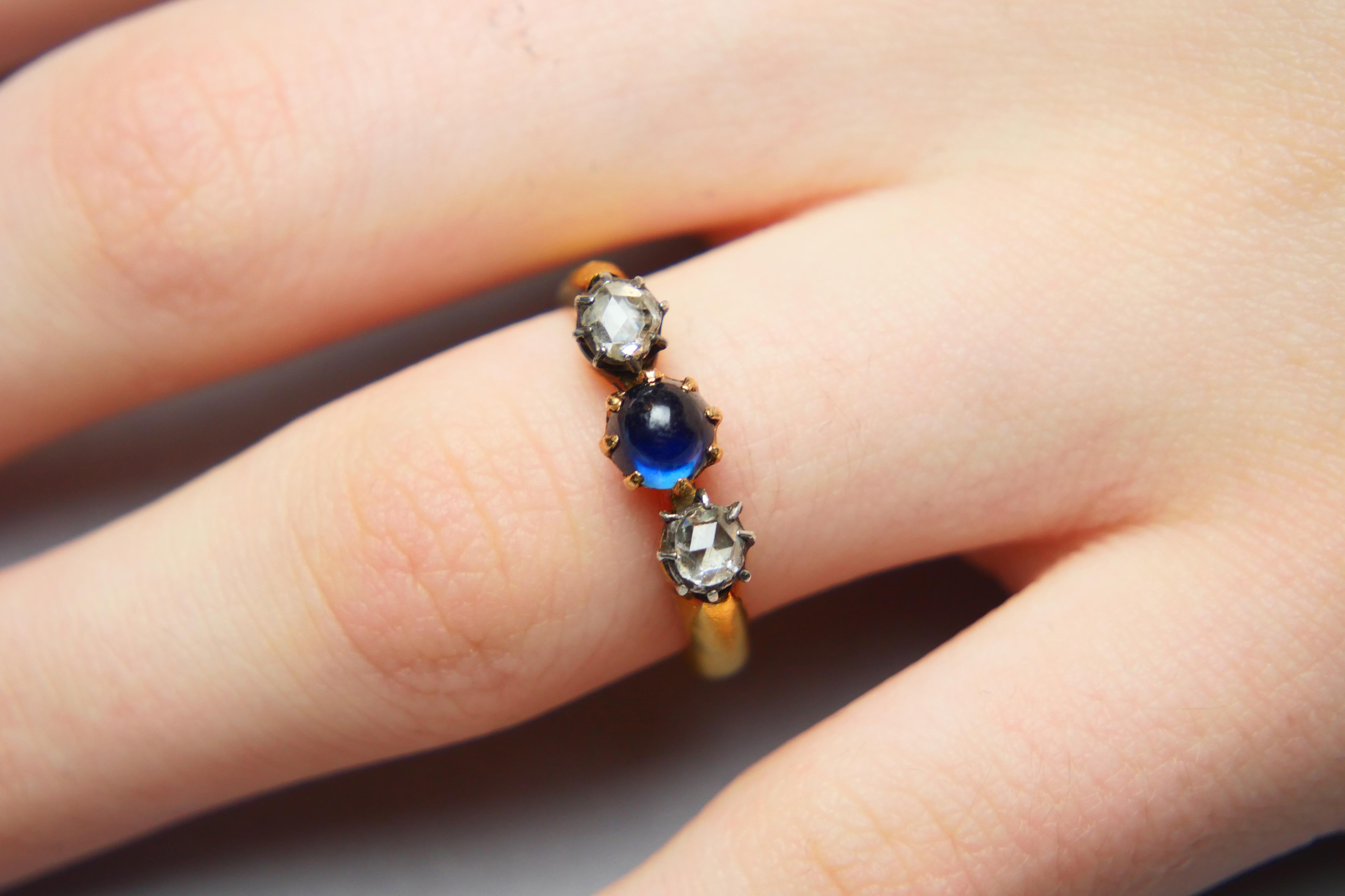 1926 Ring 3 stones natural 0.8ct Sapphire 0.5ctw Diamonds 23K Gold ØUS 7.25/ 6gr For Sale 3