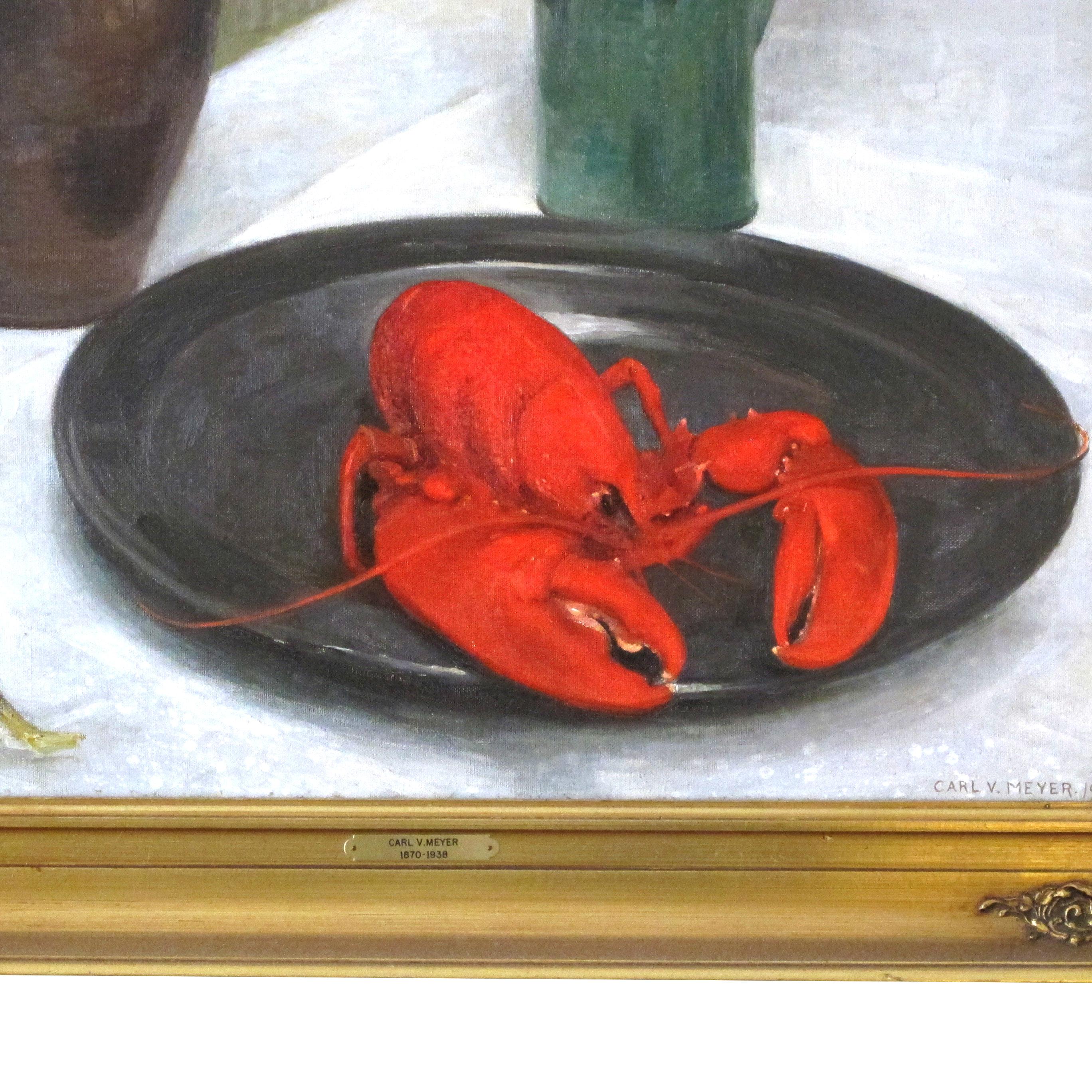 Organique 1926 Nature morte à l'huile sur toile d'un homard par Carl Vilhelm Meyers, danois  en vente