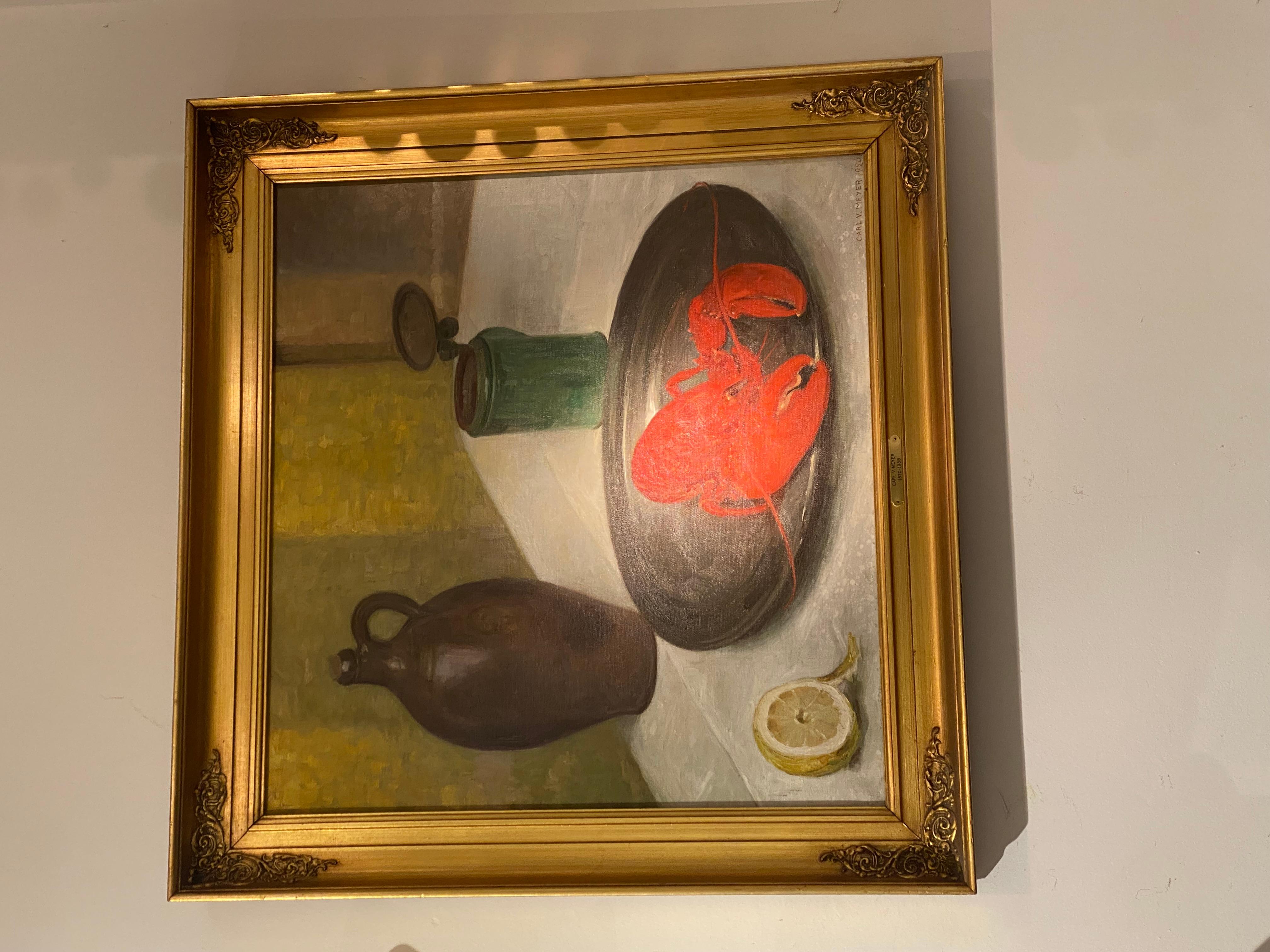 Début du 20ème siècle 1926 Nature morte à l'huile sur toile d'un homard par Carl Vilhelm Meyers, danois  en vente