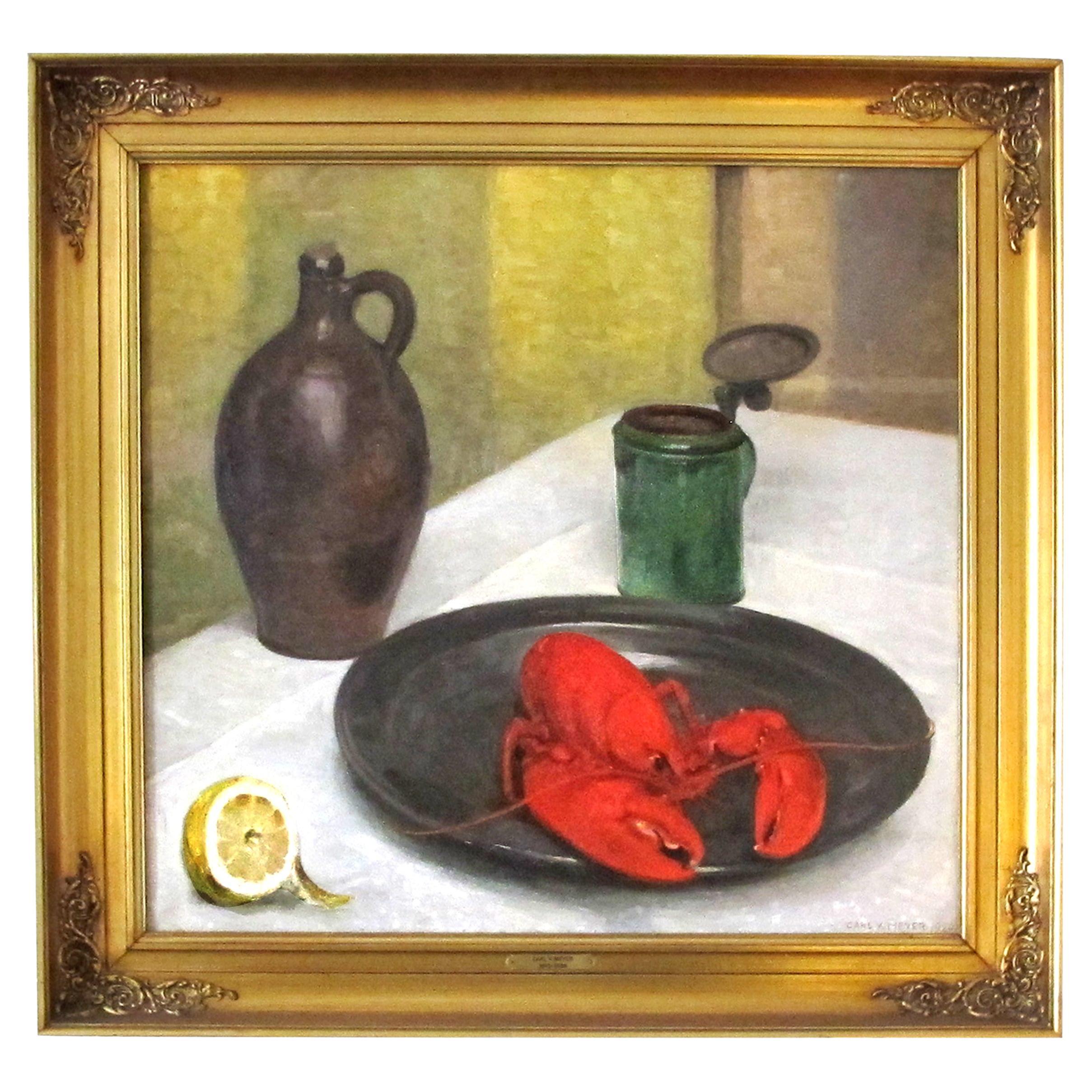 1926 Nature morte à l'huile sur toile d'un homard par Carl Vilhelm Meyers, danois  en vente