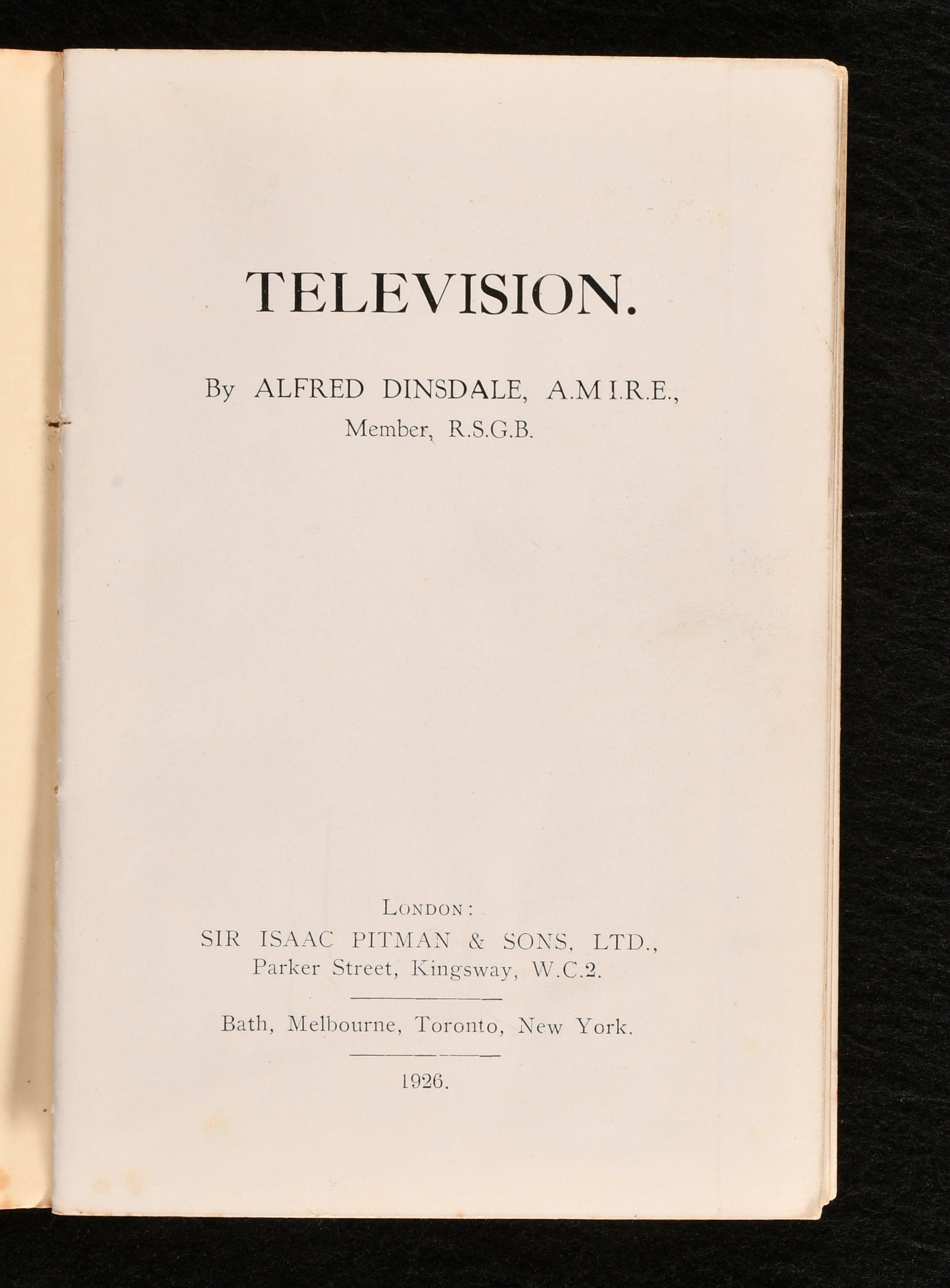 European 1926 Television (Seeing by Wire or Wireless) by Alfred Dinsdale For Sale