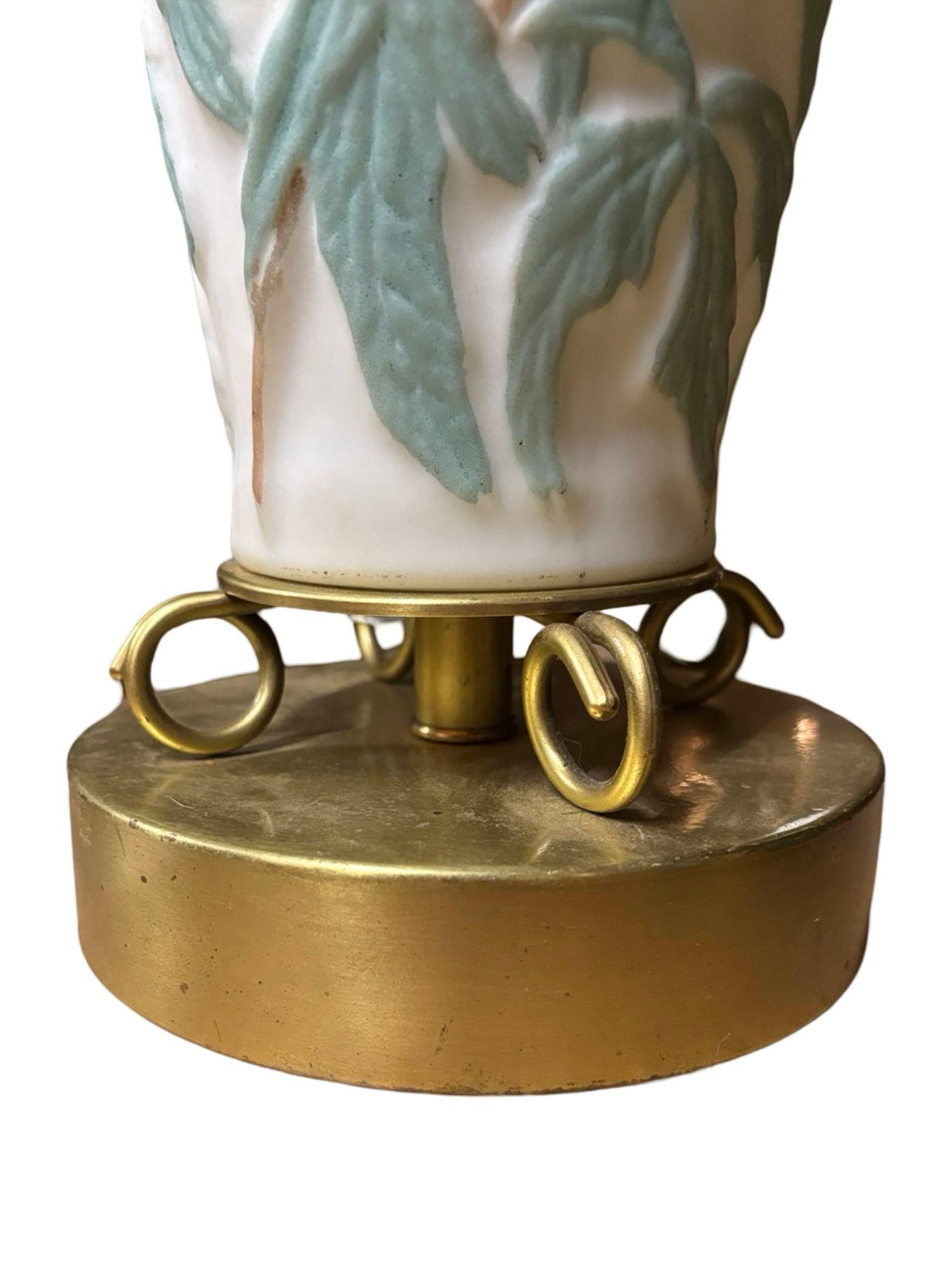 Brass 1926 Vintage Phoenix Consolidated Satin Glass Vase Lamp, Peonies Leaves Floral
