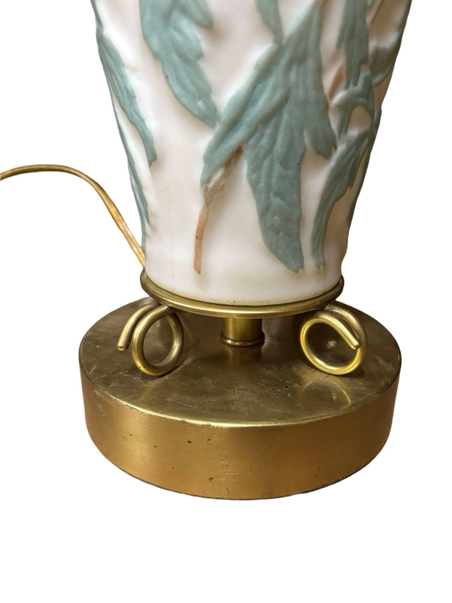 1926 Vintage Phoenix Consolidated Satin Glass Vase Lamp, Peonies Leaves Floral 1
