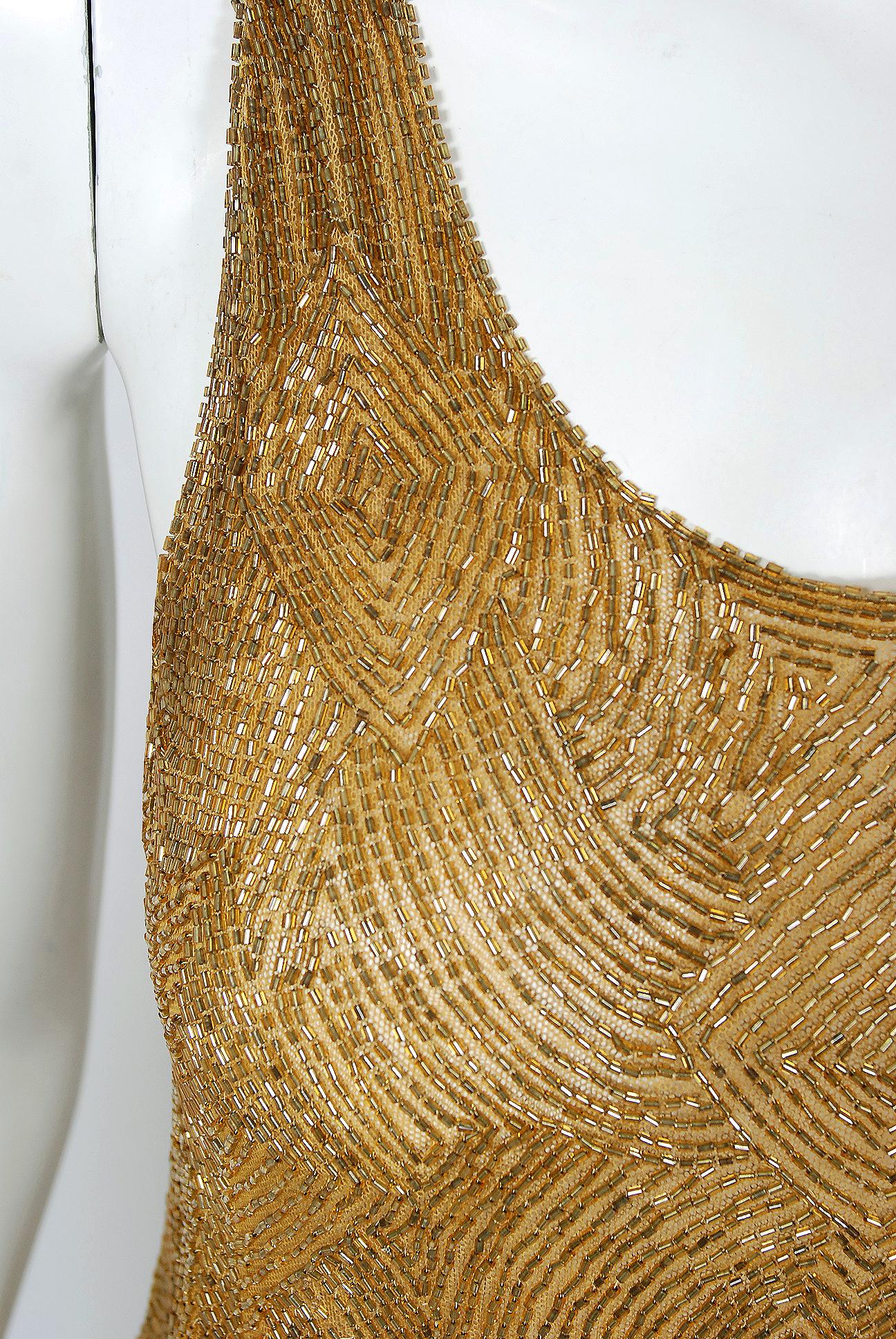1926 Yvonne Paris Couture Gold Beaded Cotton-Net Asymmetric Deco Flapper Dress (Braun)
