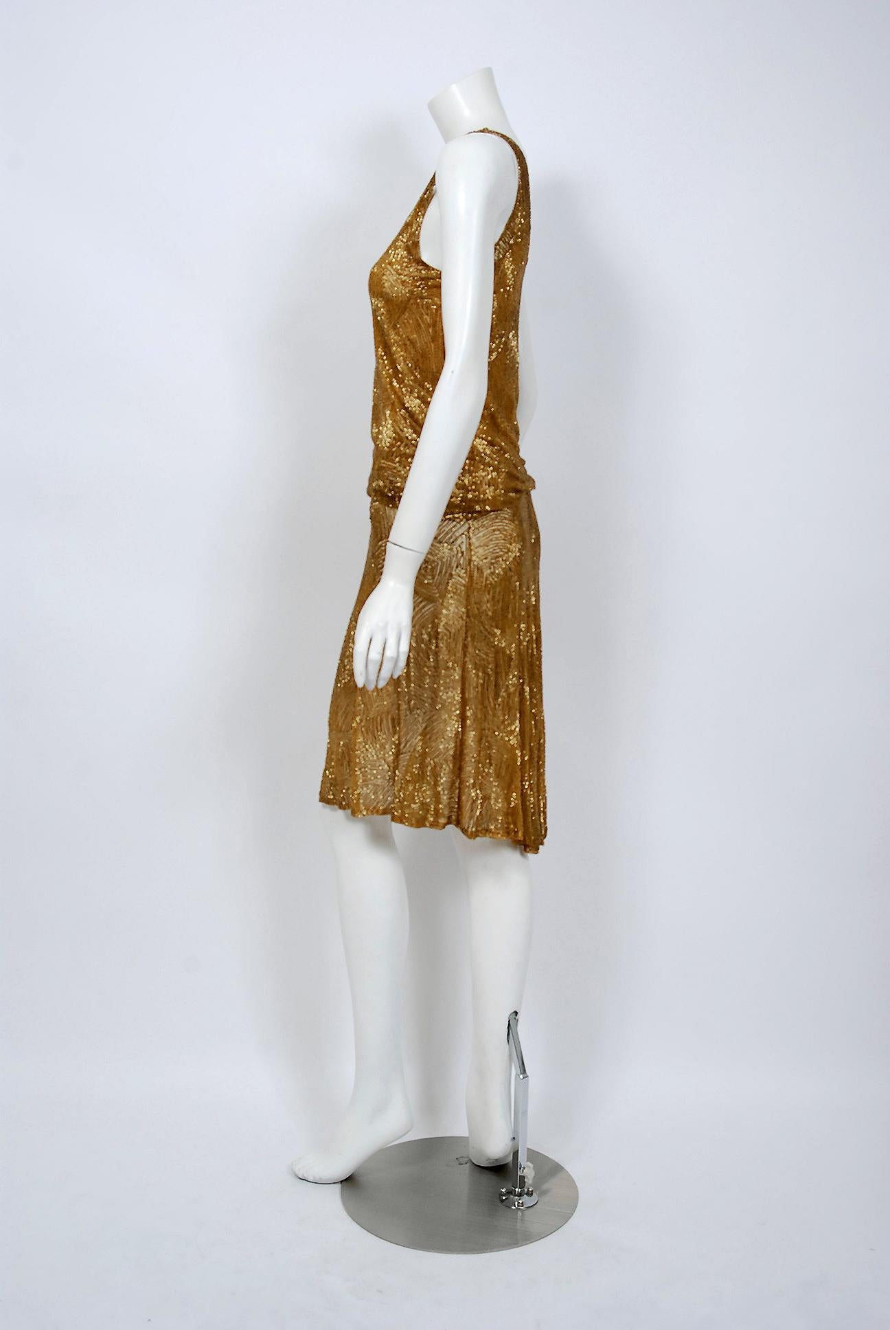 1926 Yvonne Paris Couture Gold Beaded Cotton-Net Asymmetric Deco Flapper Dress 1