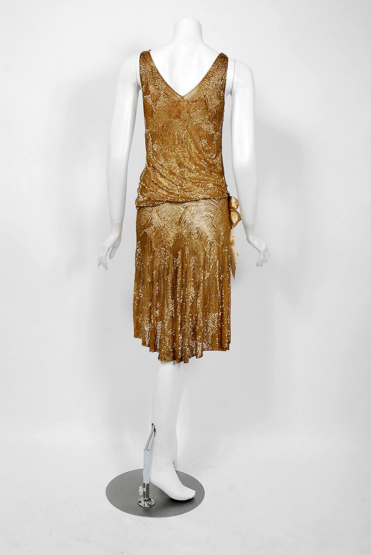 1926 Yvonne Paris Couture Gold Beaded Cotton-Net Asymmetric Deco Flapper Dress 2