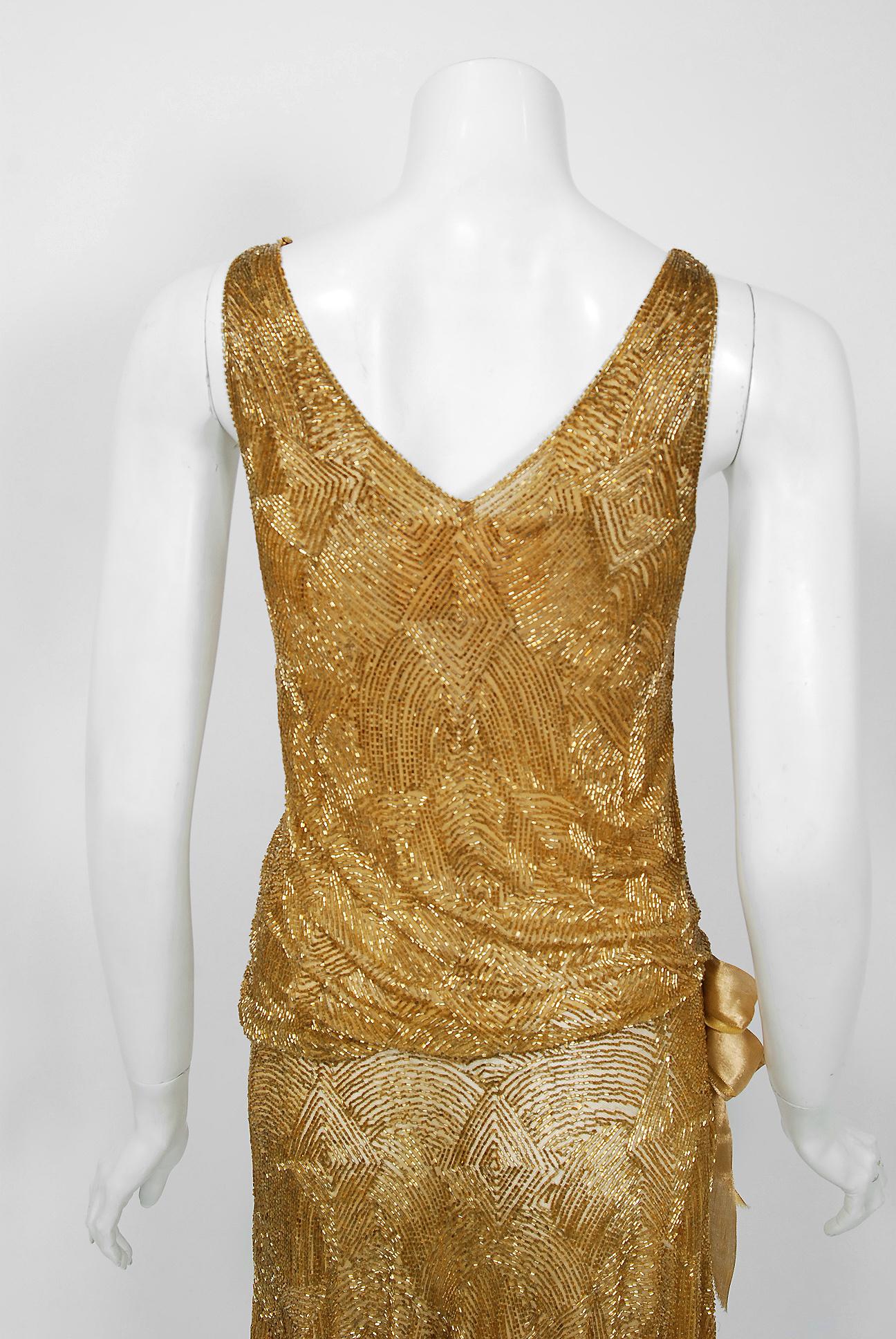 1926 Yvonne Paris Couture Gold Beaded Cotton-Net Asymmetric Deco Flapper Dress 3