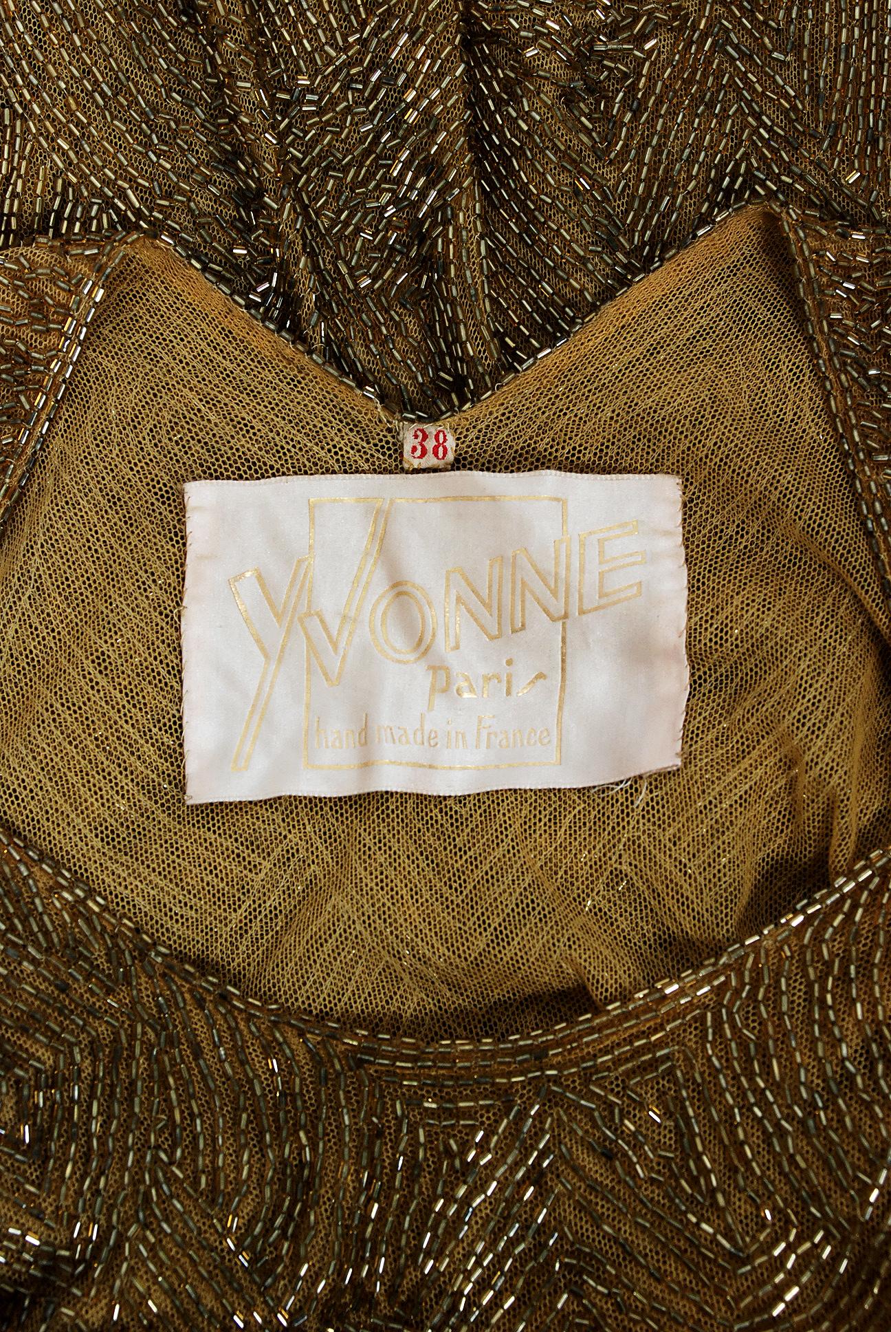 1926 Yvonne Paris Couture Gold Beaded Cotton-Net Asymmetric Deco Flapper Dress 4