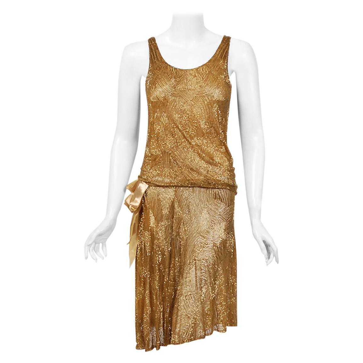 1926 Yvonne Paris Couture Gold Beaded Cotton-Net Asymmetric Deco Flapper Dress