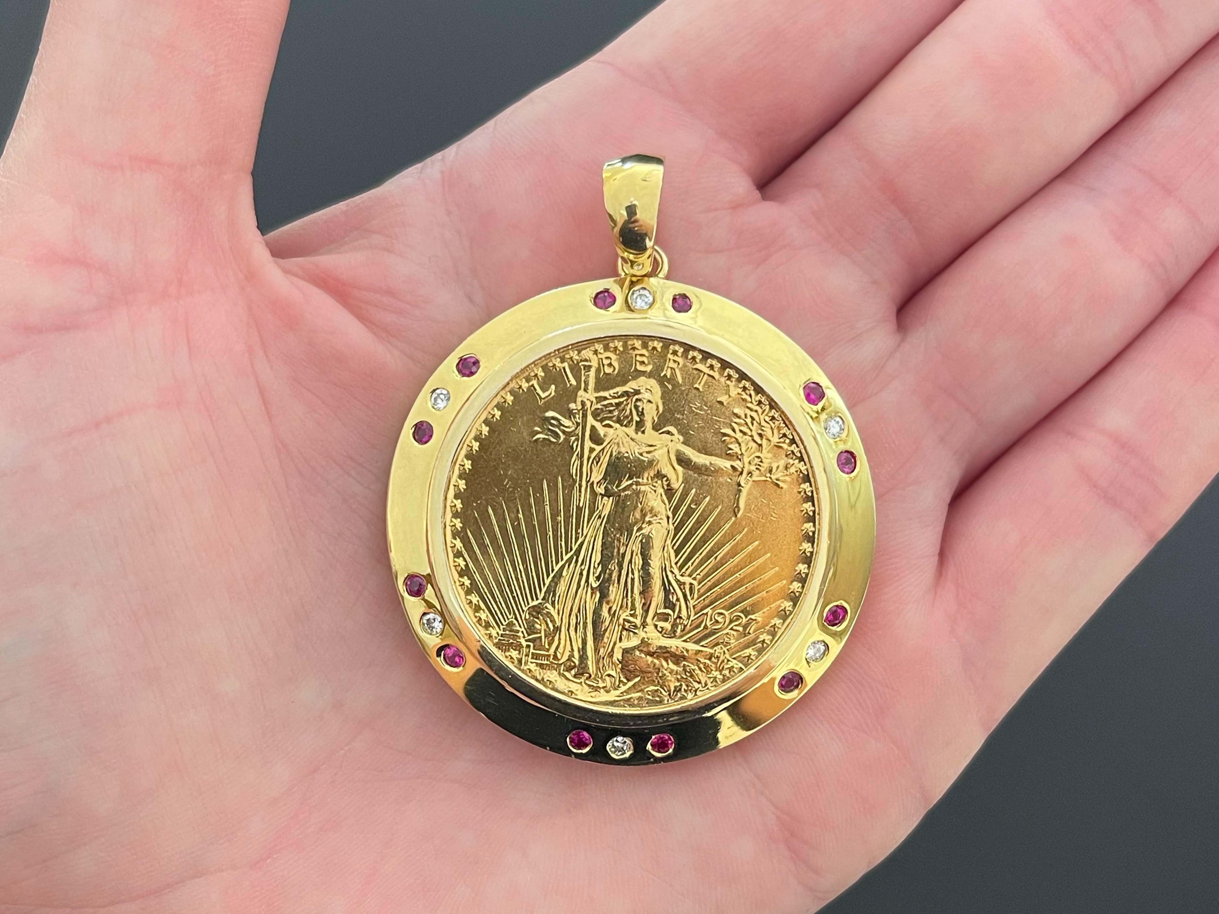 This pendant contains one $20 American Eagle gold coin with 0.9675 ounce of pure gold. The coin is set in a 14K gold diamond ruby bezel. The pendant is 1.75