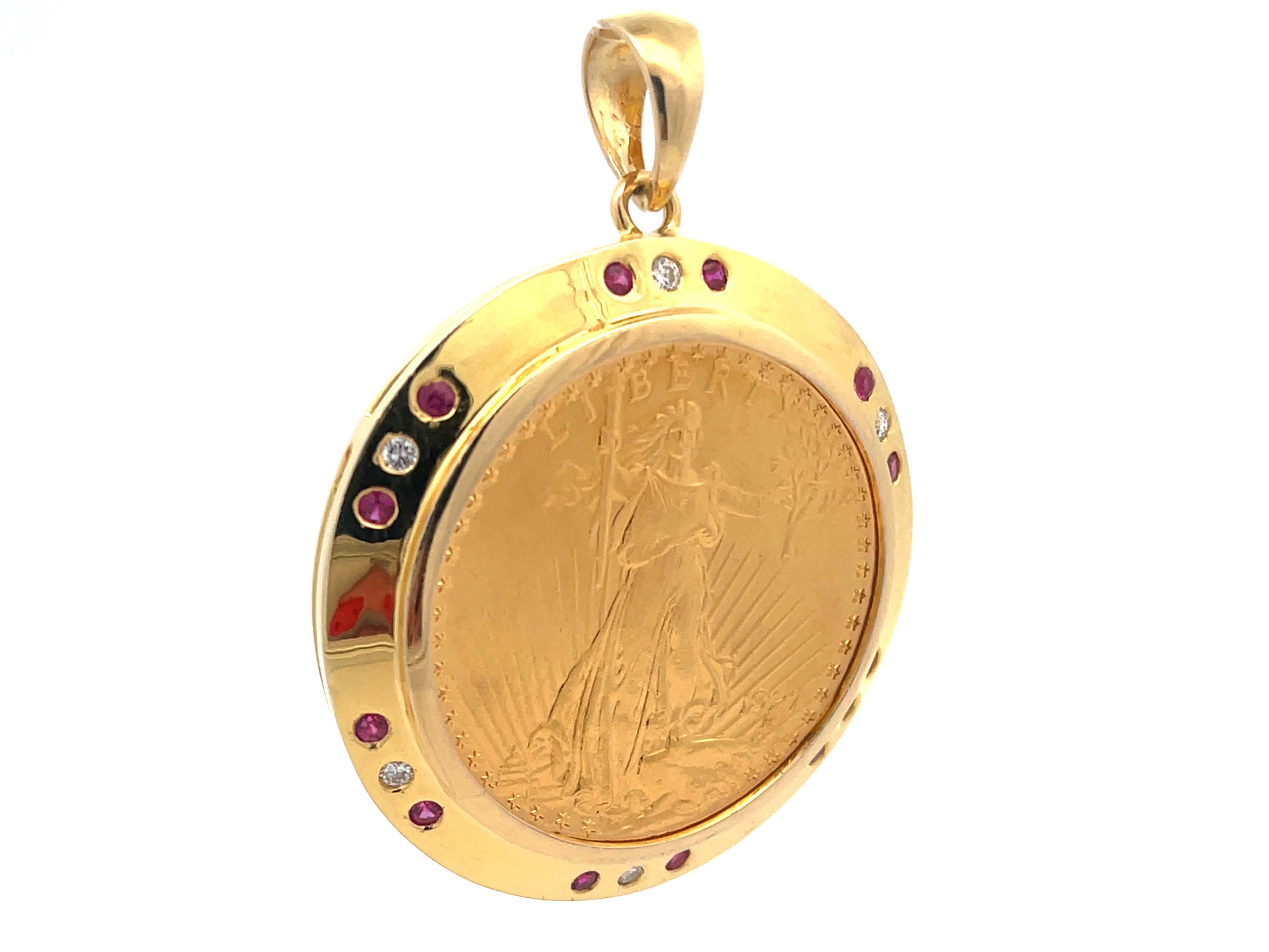 Round Cut 1927 American Eagle $20 Gold Coin in 14k Gold Diamond Ruby Bezel Pendant