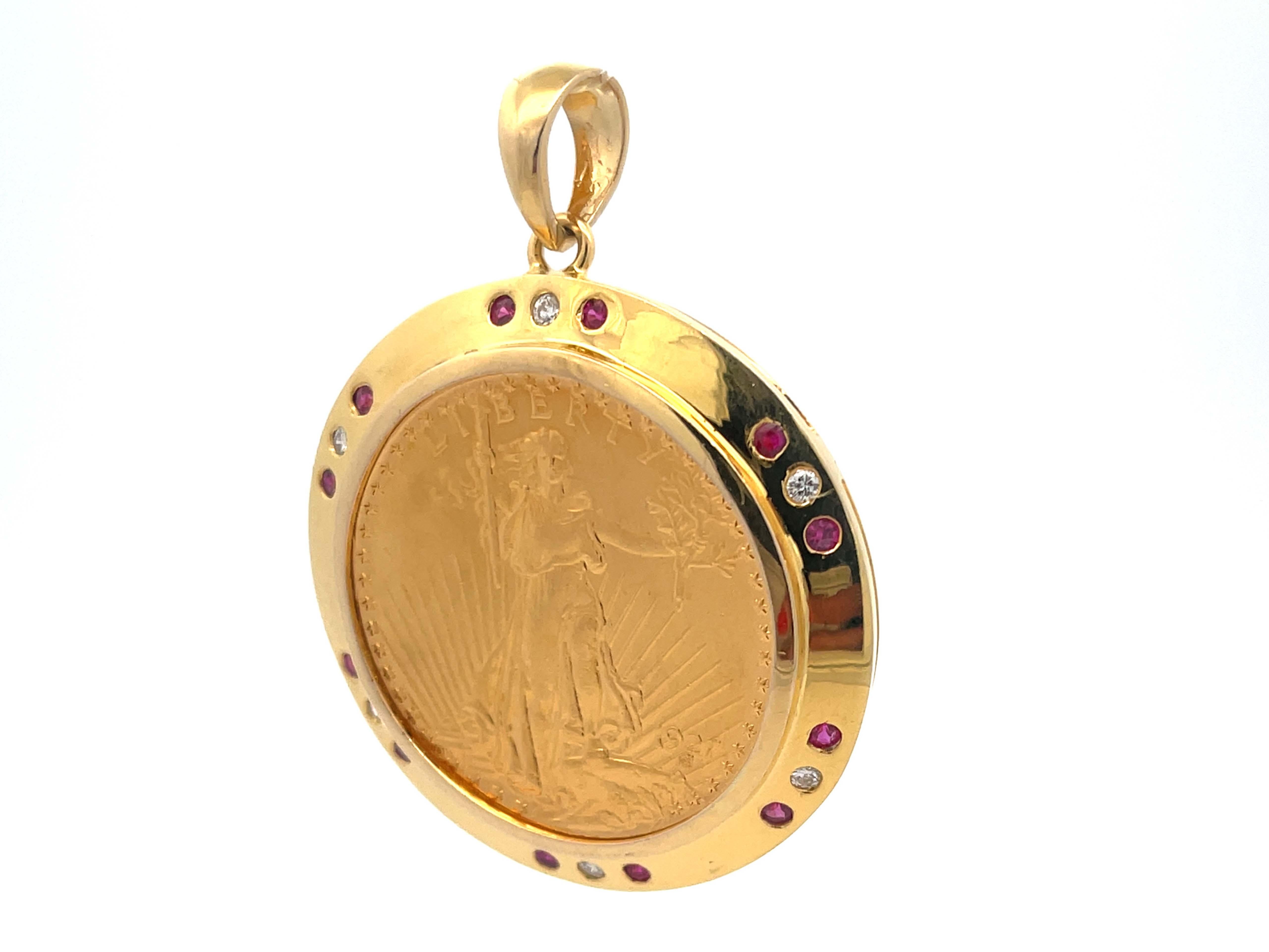 1927 American Eagle $20 Gold Coin in 14k Gold Diamond Ruby Bezel Pendant In Excellent Condition In Honolulu, HI
