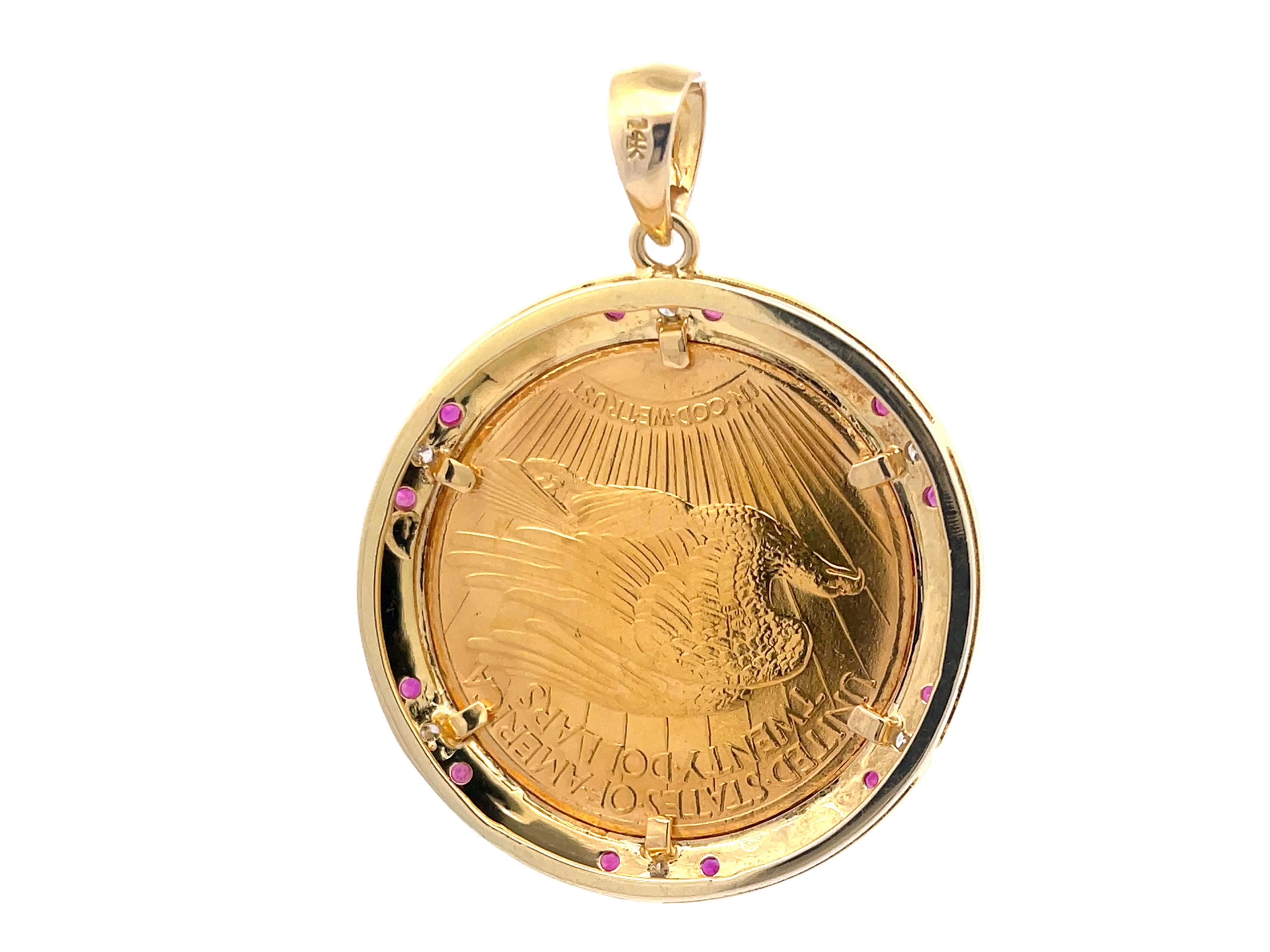 Women's or Men's 1927 American Eagle $20 Gold Coin in 14k Gold Diamond Ruby Bezel Pendant
