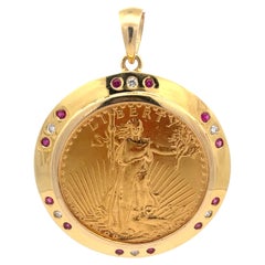 1927 American Eagle $20 Gold Coin in 14k Gold Diamond Ruby Bezel Pendant
