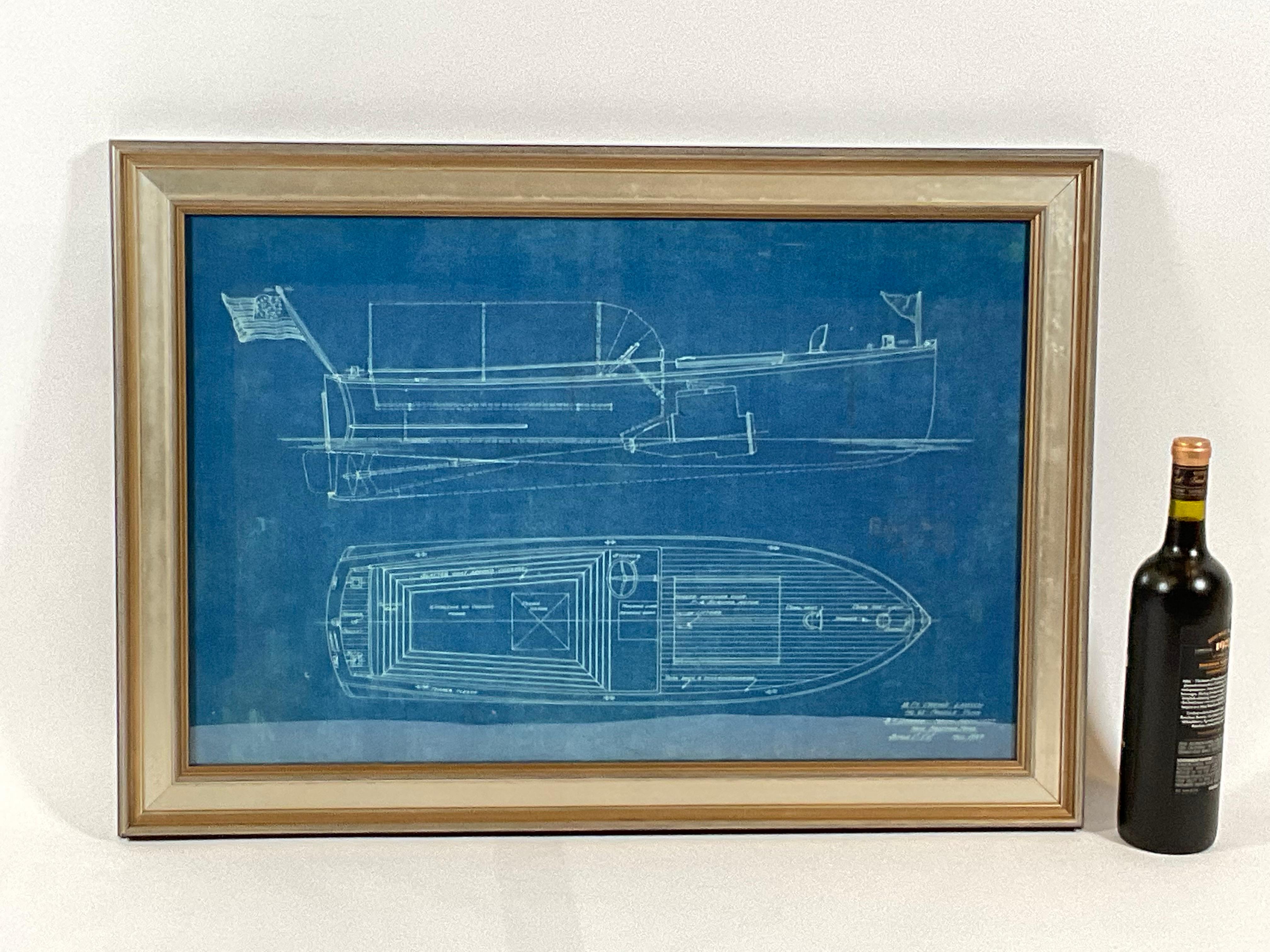 Original boat blueprint from 1927 drawn by naval architect Benjamin T Dobson of New Bedford, Massachusetts. The legend at lower right reads: eighteen-foot crew’s launch, no. 61-profile plan. Scale one-inch equals one foot. Very nice plan showing an