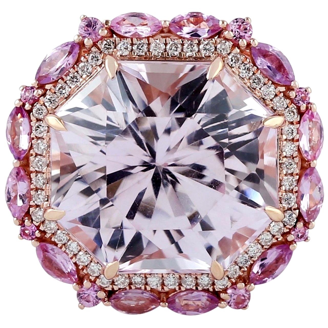 19,27 Quilates Zafiro Kunzita Diamante Anillo de Oro de 18 Kilates
