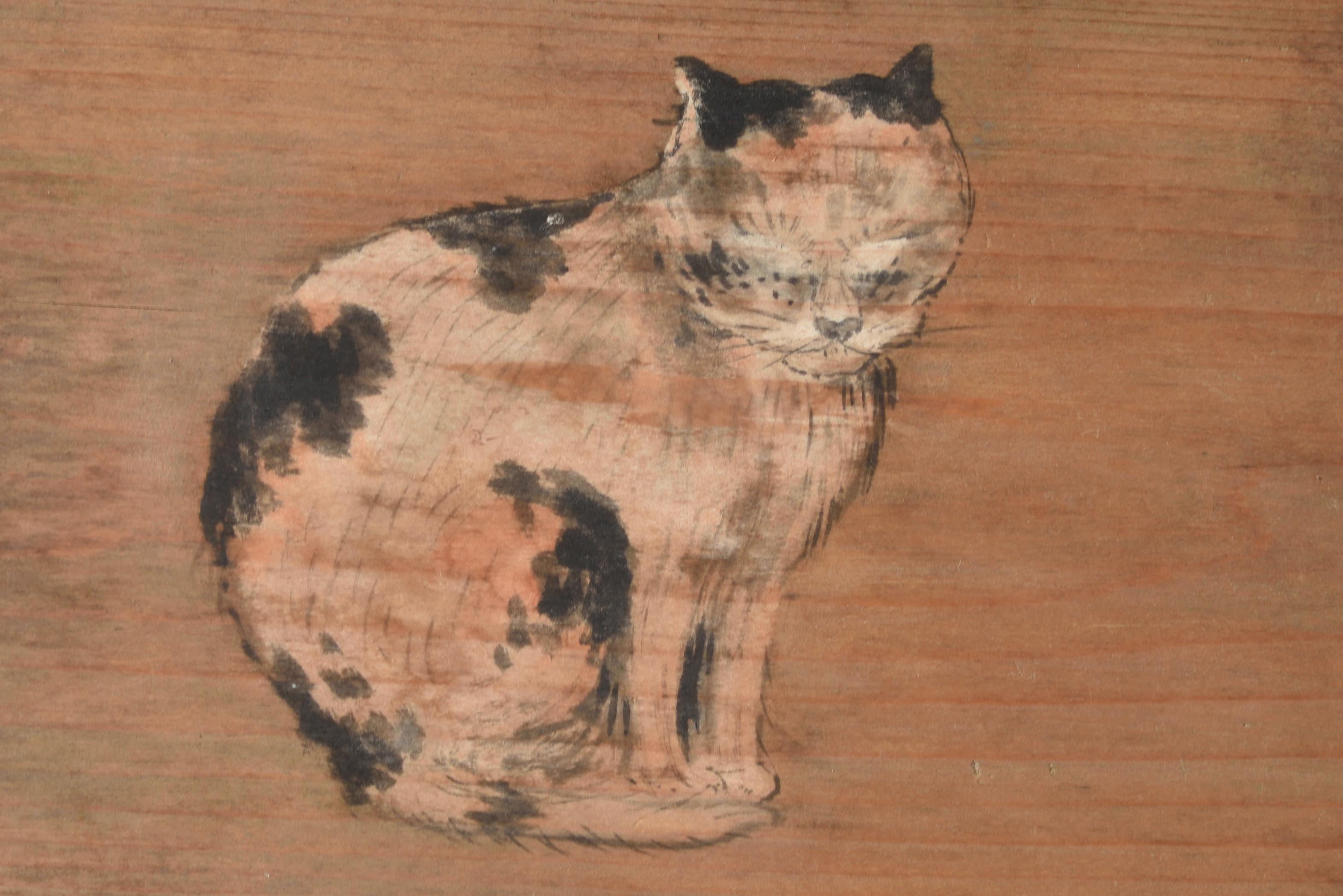 EMA OF CAT – Anonymous Japanese Shinto folk art piece of votive wooden tablet offered for the shrine so-called ‘Ema’ (lit. ‘Horse picture’) with such a lovely cat drawn by its worshipper him/herself, with handwritten note at the backside suggesting