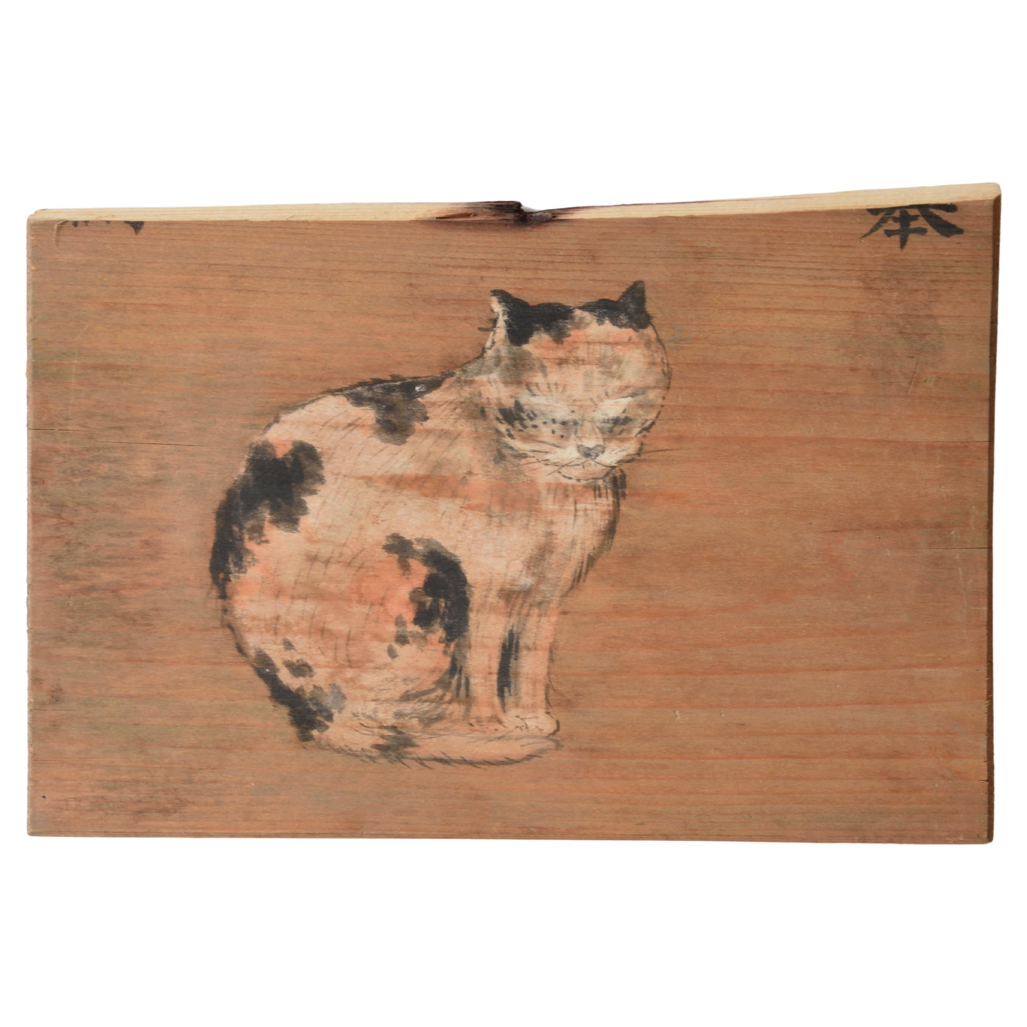 1927 Katze Japanischer Volksschrein Ema Schrein Votivtafel aus Holz im Angebot