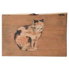 Antique 1927 Cat Japanese folk Ema Shrine votive wooden tablet
