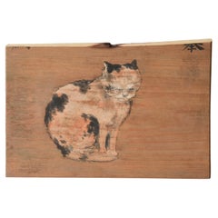 Tablette Votive Ema Shrine japonaise en bois avec chat 1927