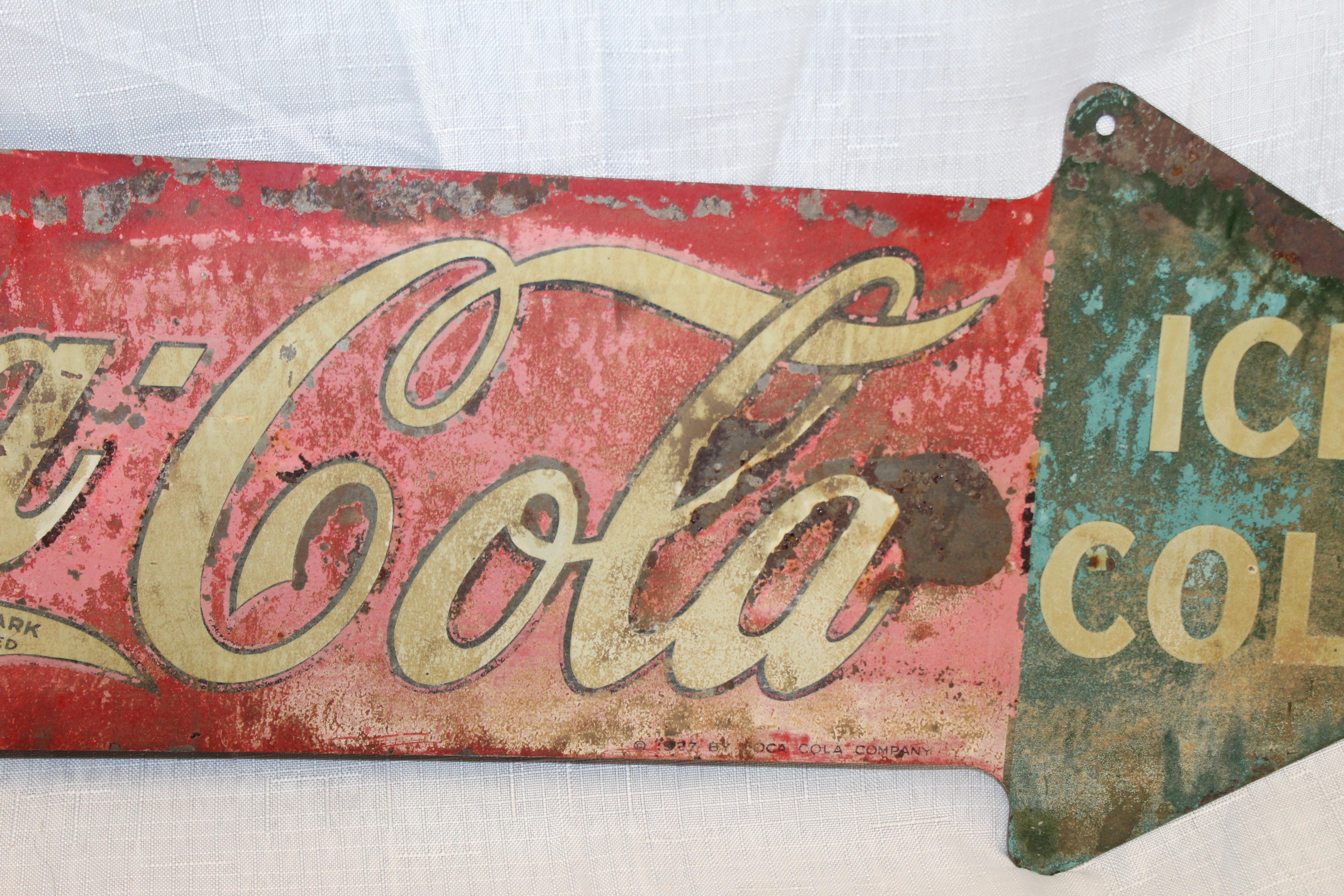 American 1927 Coca-Cola Arrow Tin Double-Sided Sign For Sale