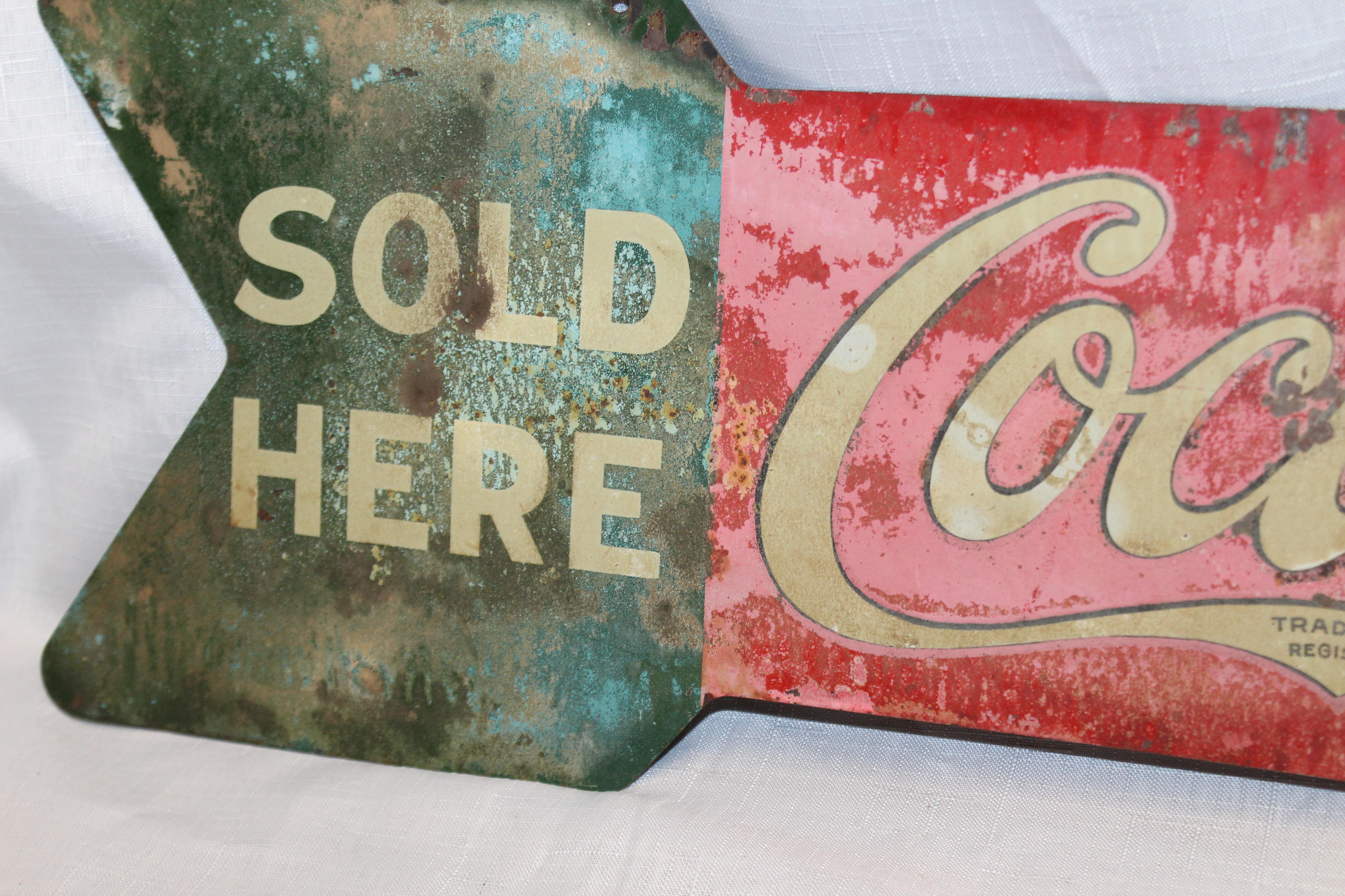 1927 Coca-Cola Arrow Tin Double-Sided Sign In Distressed Condition For Sale In Orange, CA
