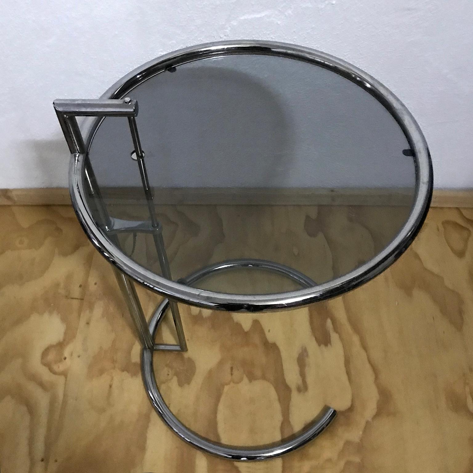 German 1927, Eileen Gray, Adjustable Side Table E1027 with Unique Grey Smoke Glass  For Sale