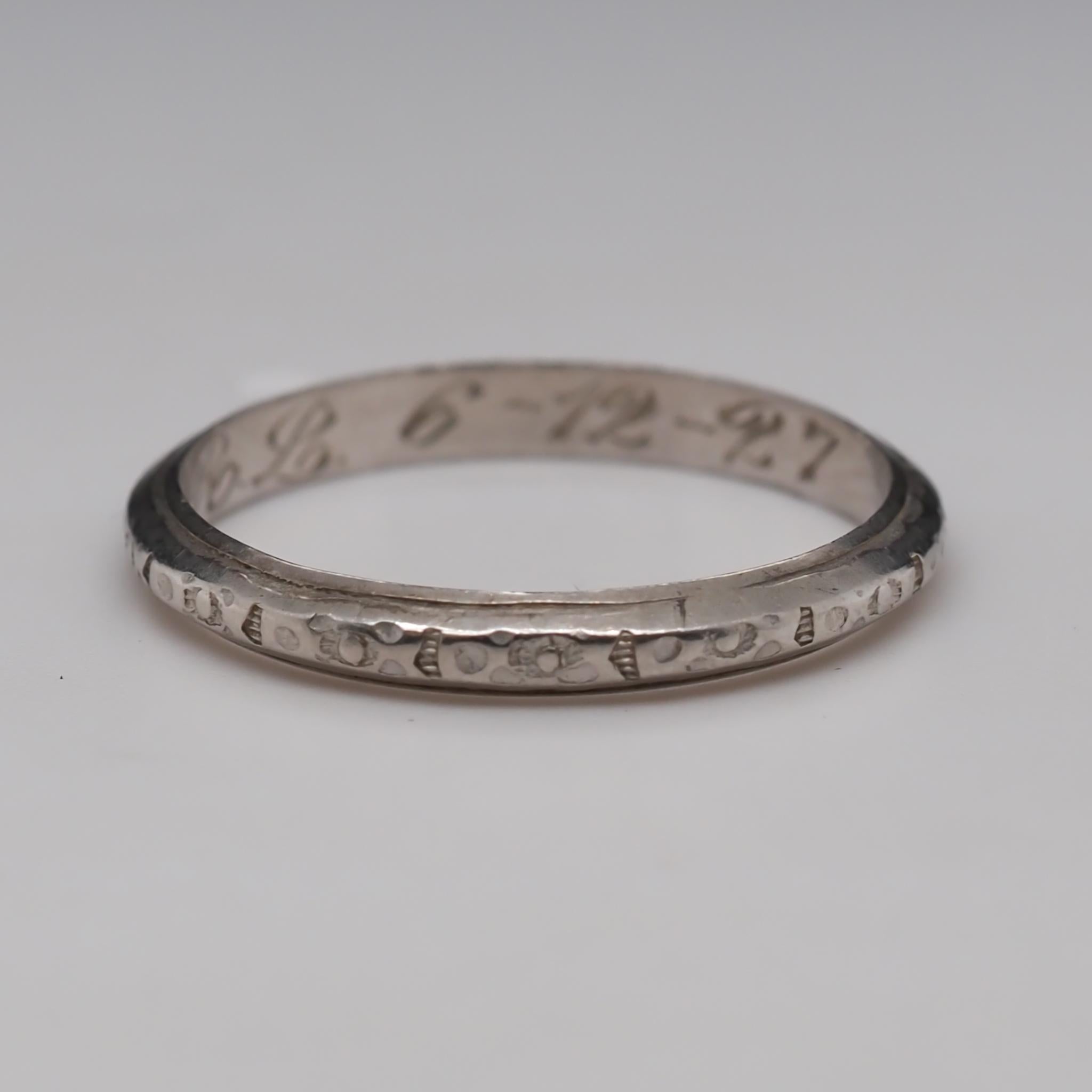 1927 Engraved Date Platinum Art Deco Wedding Band For Sale 2