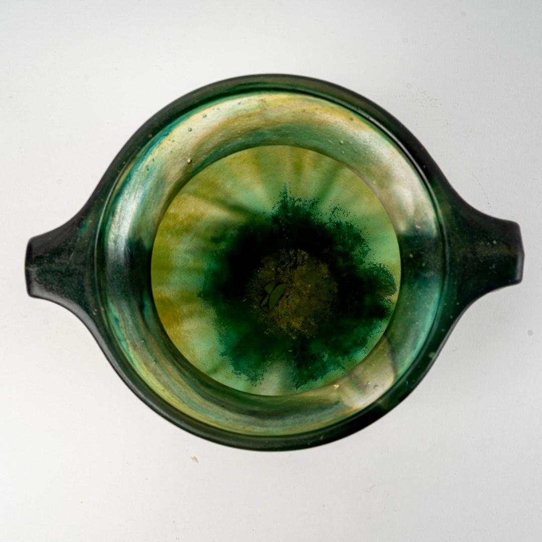 French 1927 Gabriel Argy Rousseau, Vase Anses Geometriques Pate De Verre Glass For Sale
