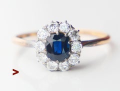 1927 Halo Ring natural 0.85 ct. Sapphire 0.6ctw. Diamonds 18K Gold/ ØUS9/ 2.2gr