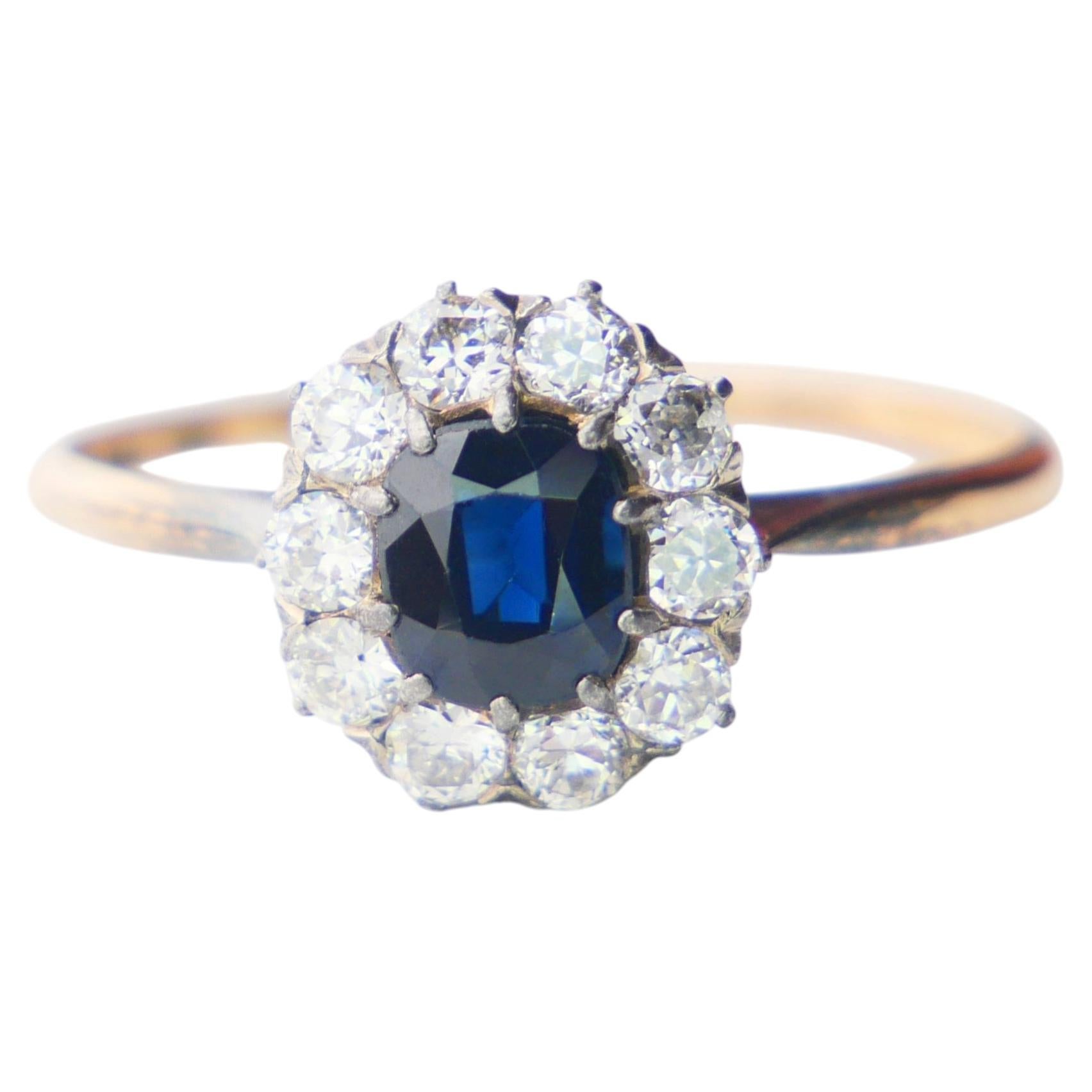 1927 Halo Ring natürlich 0,85 kt. Saphir 0,6ctw. Diamanten 18K Gold/ ØUS9/ 2.2gr