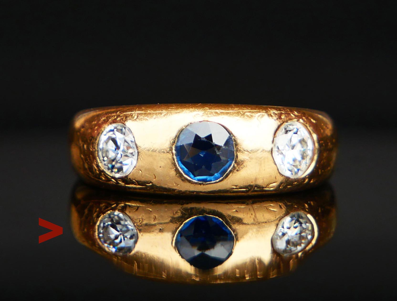 Three Stones Ring for Men in solid 18K Yellow Gold with natural Blue Sapphire stone of medium Blue color old diamond cut Ø 4mm x 2 mm deep / about 0.5ct. Two old diamond cut natural Diamonds  Ø 4 mm x 2.7 mm deep / ca.0.3 ct. each, color ca F,G /VS.